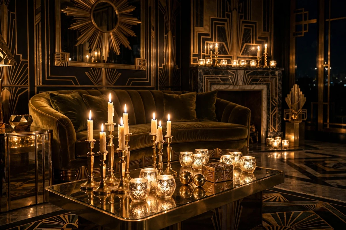 Brass candlesticks and mercury glass votives glowing in art deco living room