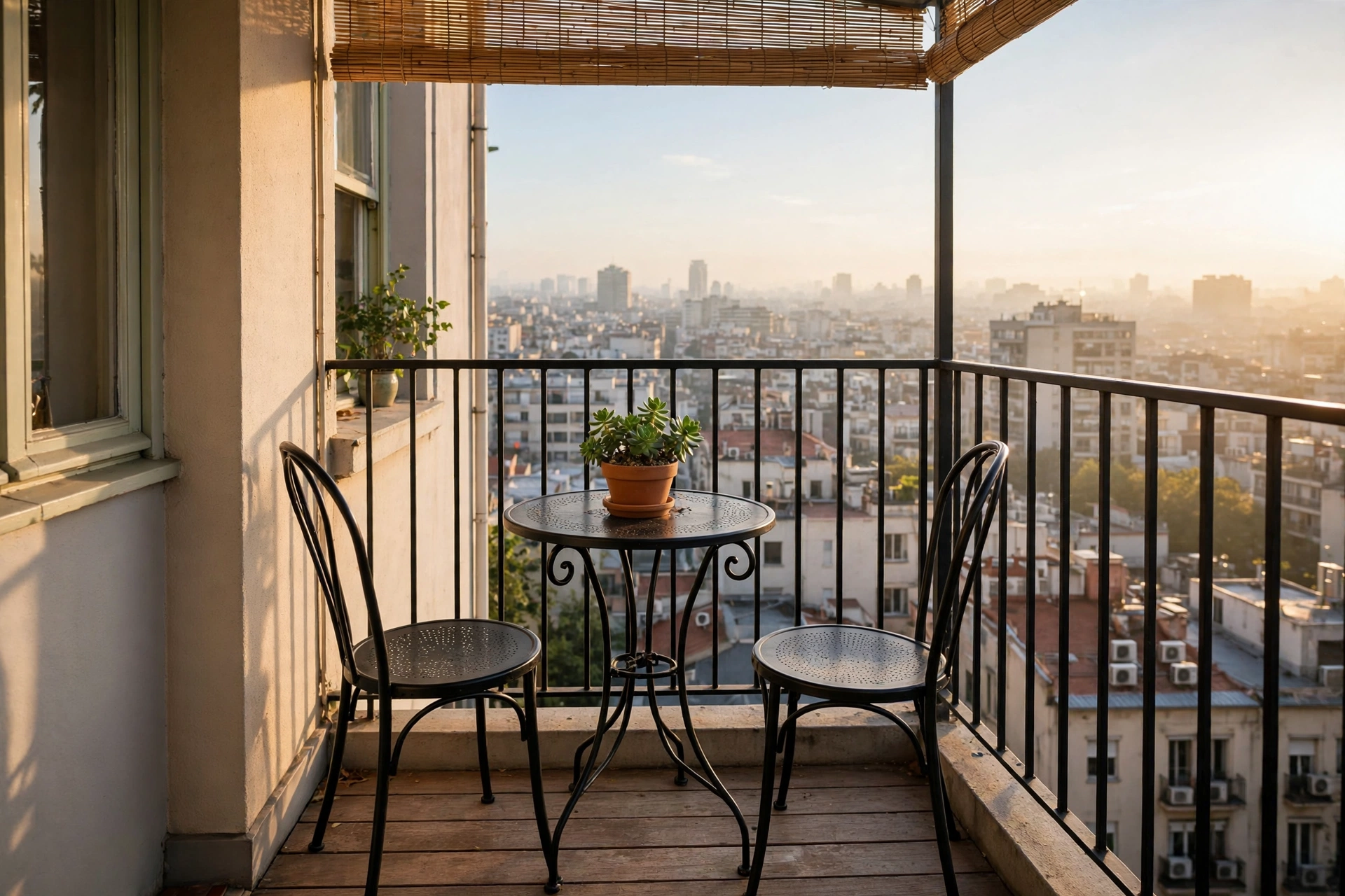 Small black metal bistro table with two chairs and a potted plant on a tiny apartment balcony with city view