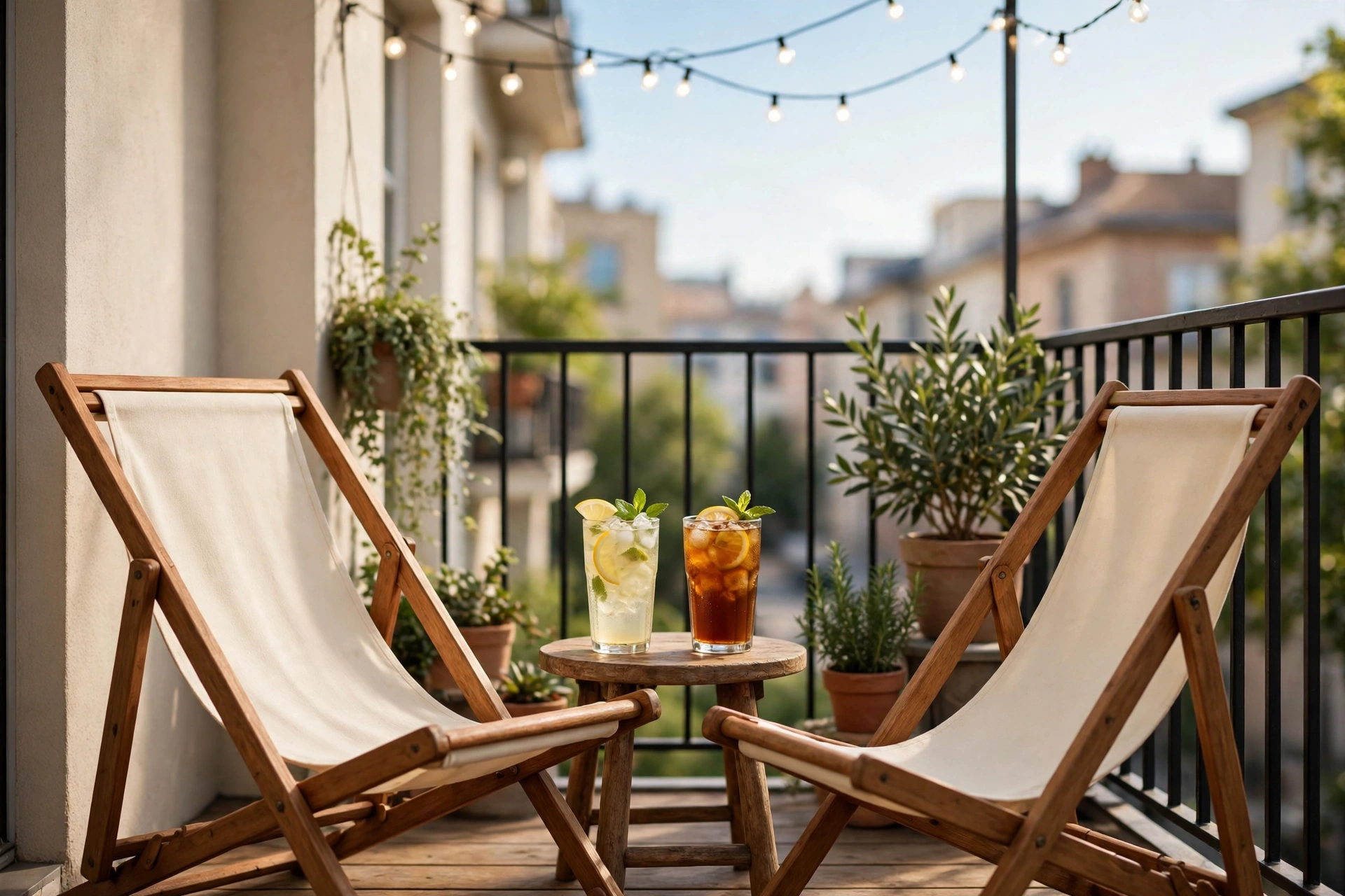 Two wooden folding lounge chairs with cream canvas fabric and a small side table on a narrow apartment balcony with string lights