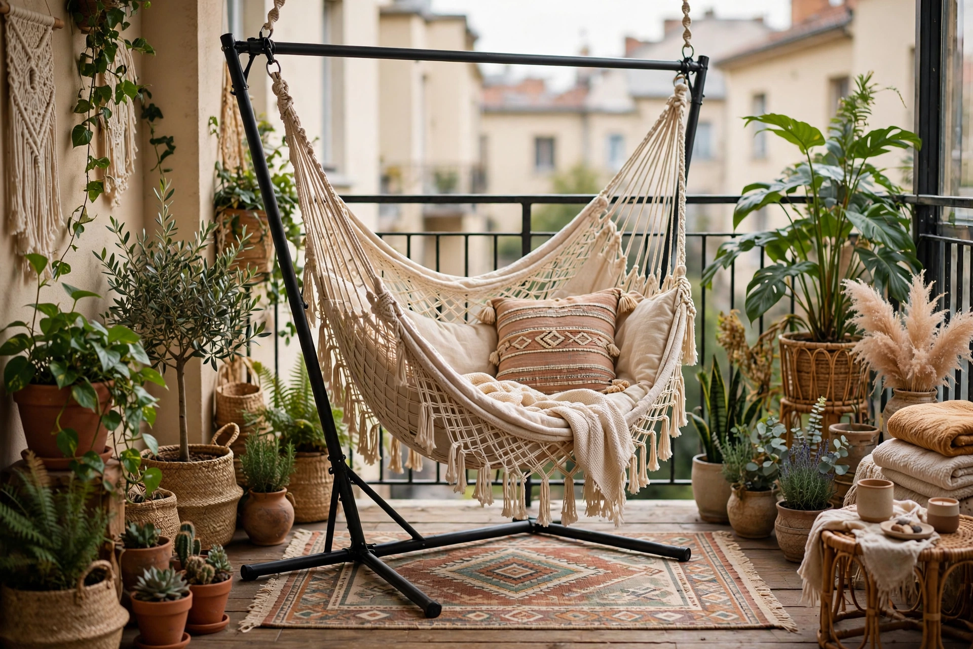 Macrame hanging hammock chair on a stand surrounded by potted plants on a small apartment balcony