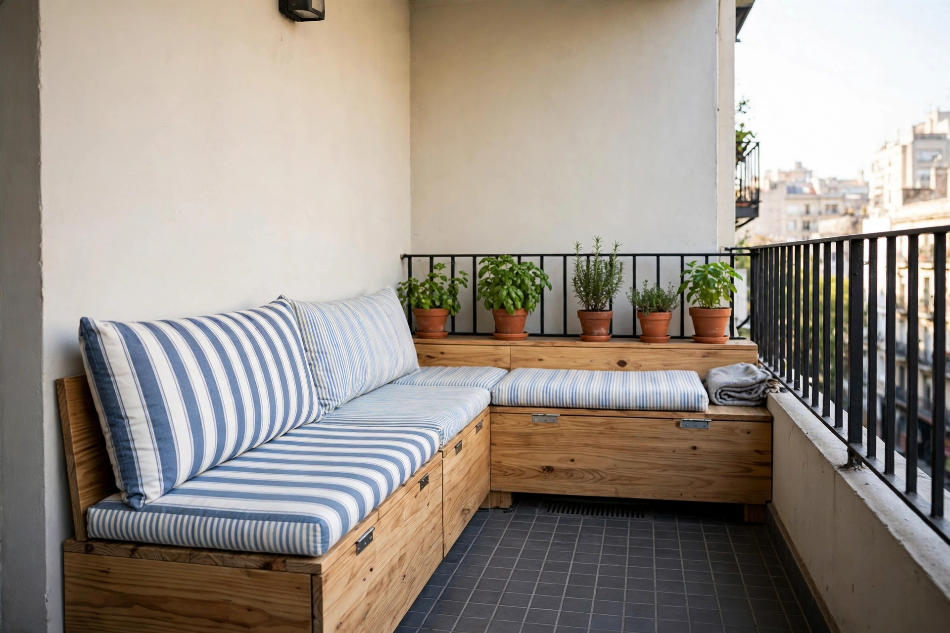 Wooden built-in storage bench with striped outdoor cushions along the wall of a narrow apartment balcony with herb pots