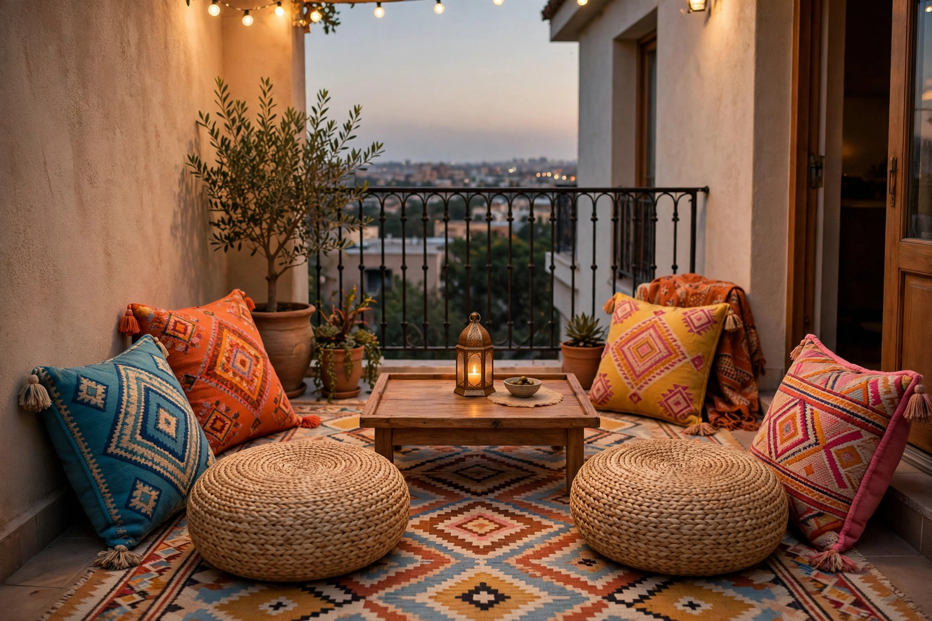 Colorful outdoor floor cushions and woven poufs around a low wooden tray table on a small apartment balcony
