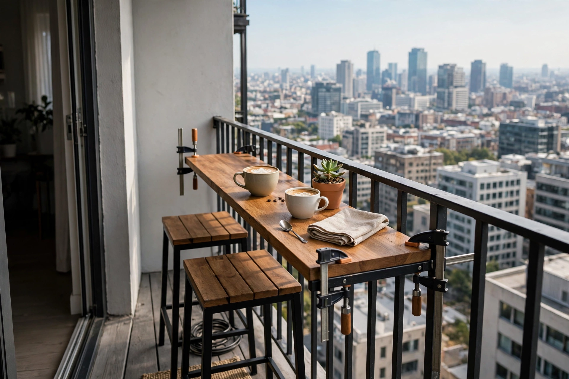 Wooden bar table clamped onto an apartment balcony railing with two stools and coffee cups overlooking the skyline