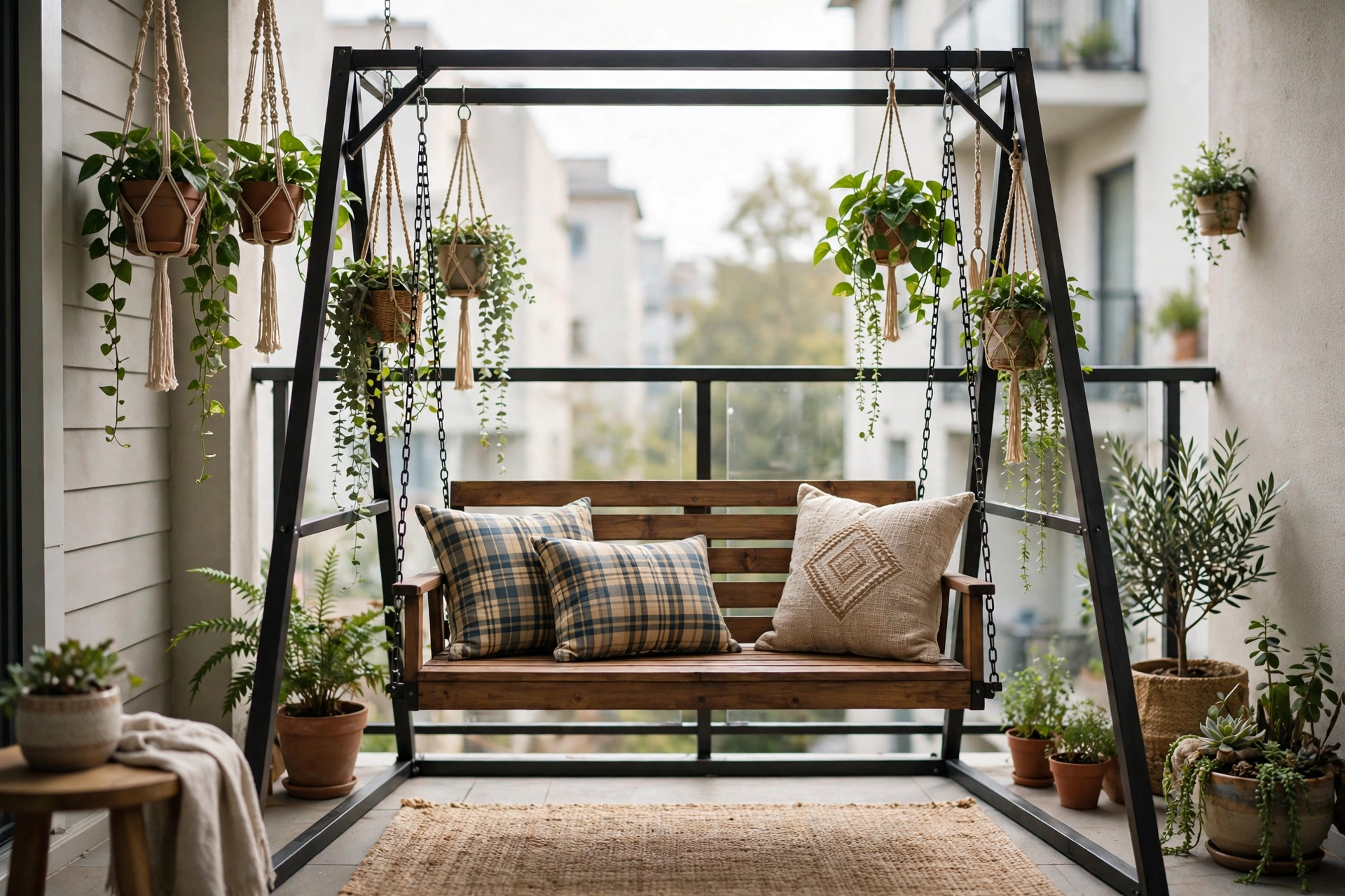 Wooden porch swing bench with plaid cushions hanging from a metal frame on an apartment balcony with plants
