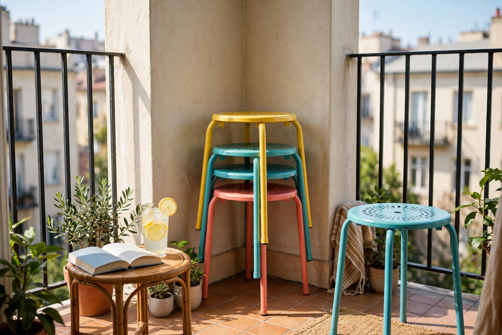 Three colorful stackable metal stools on a small apartment balcony with one pulled out beside a side table with a book