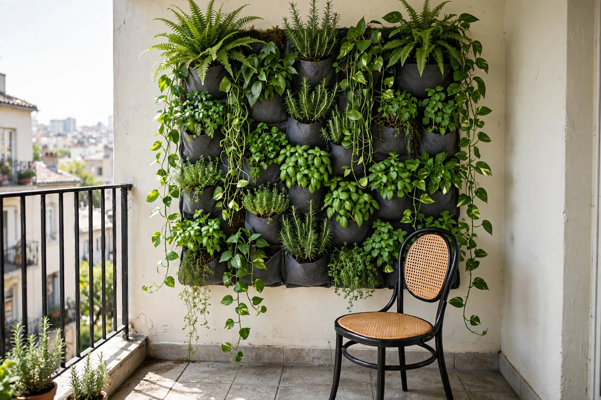 Lush vertical garden wall of pocket planters with ferns and pothos on a small apartment balcony wall