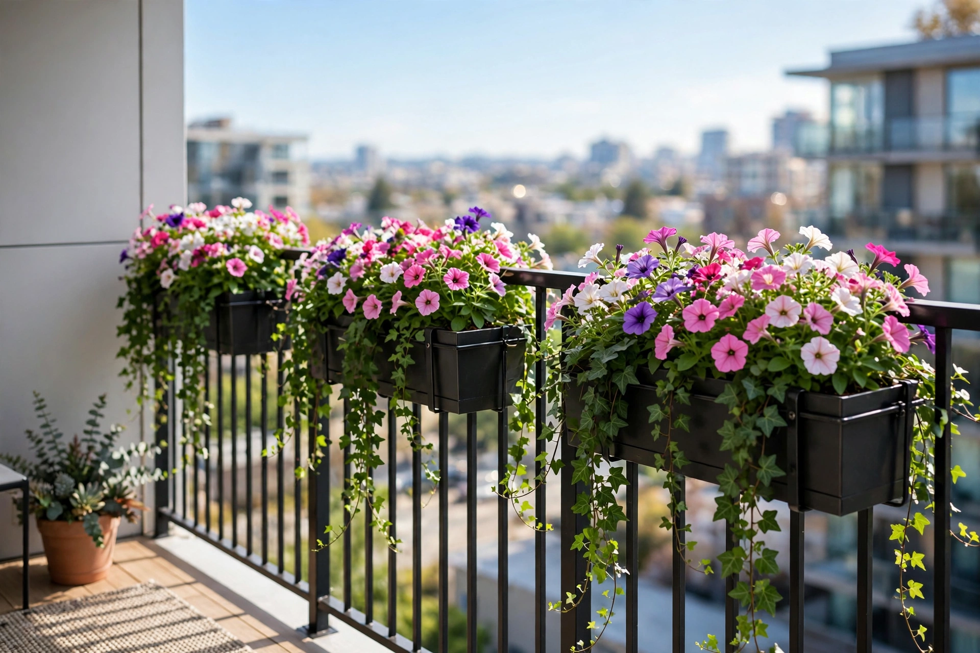 Metal railing planters overflowing with colorful petunias and trailing ivy on an apartment balcony railing