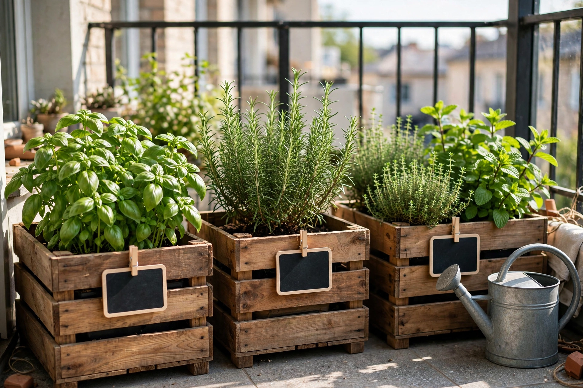 Wooden crate herb garden boxes with basil rosemary thyme and mint on a small sunny apartment balcony