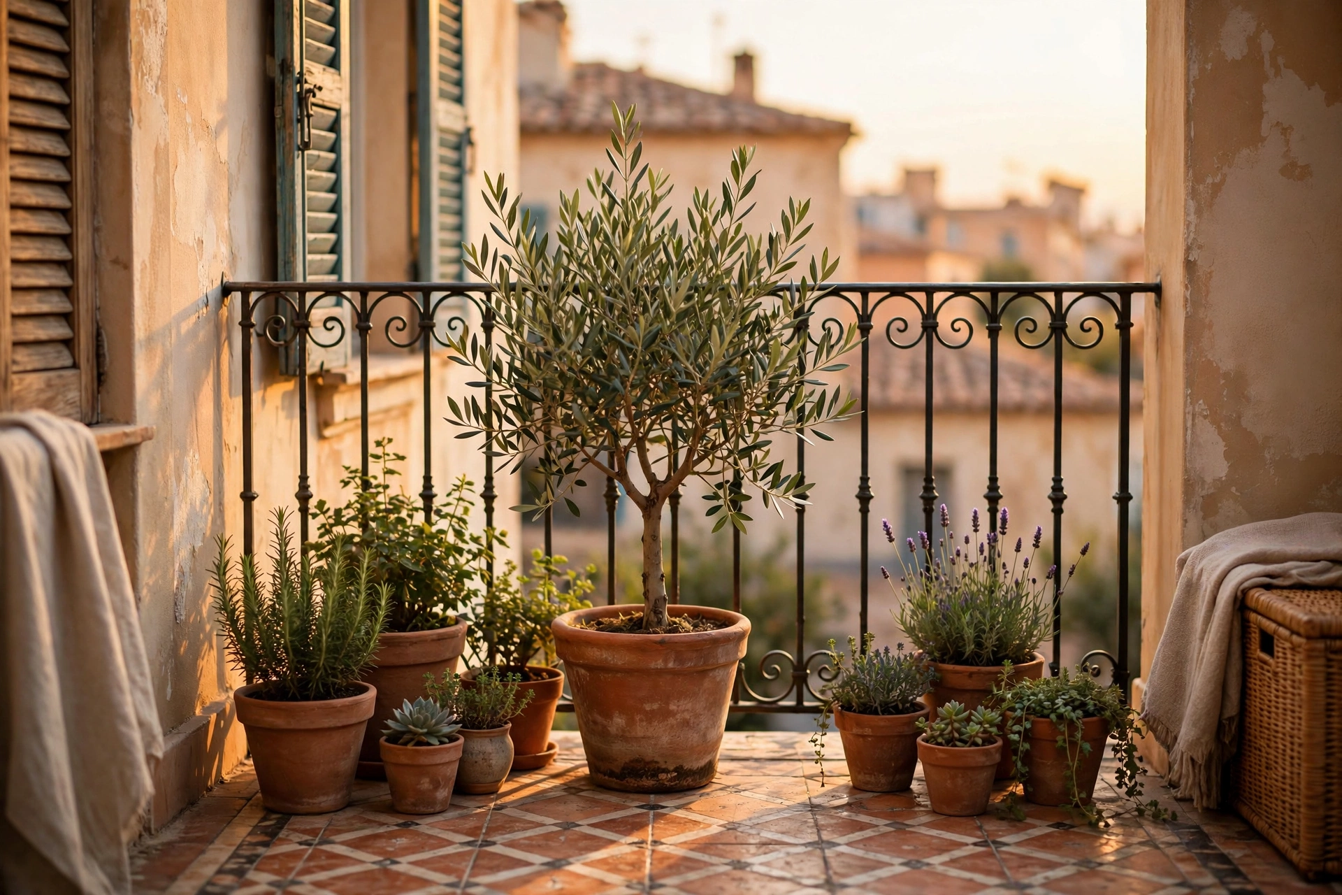 Small potted olive tree in a terracotta pot as the centerpiece of a tiny apartment balcony at golden hour