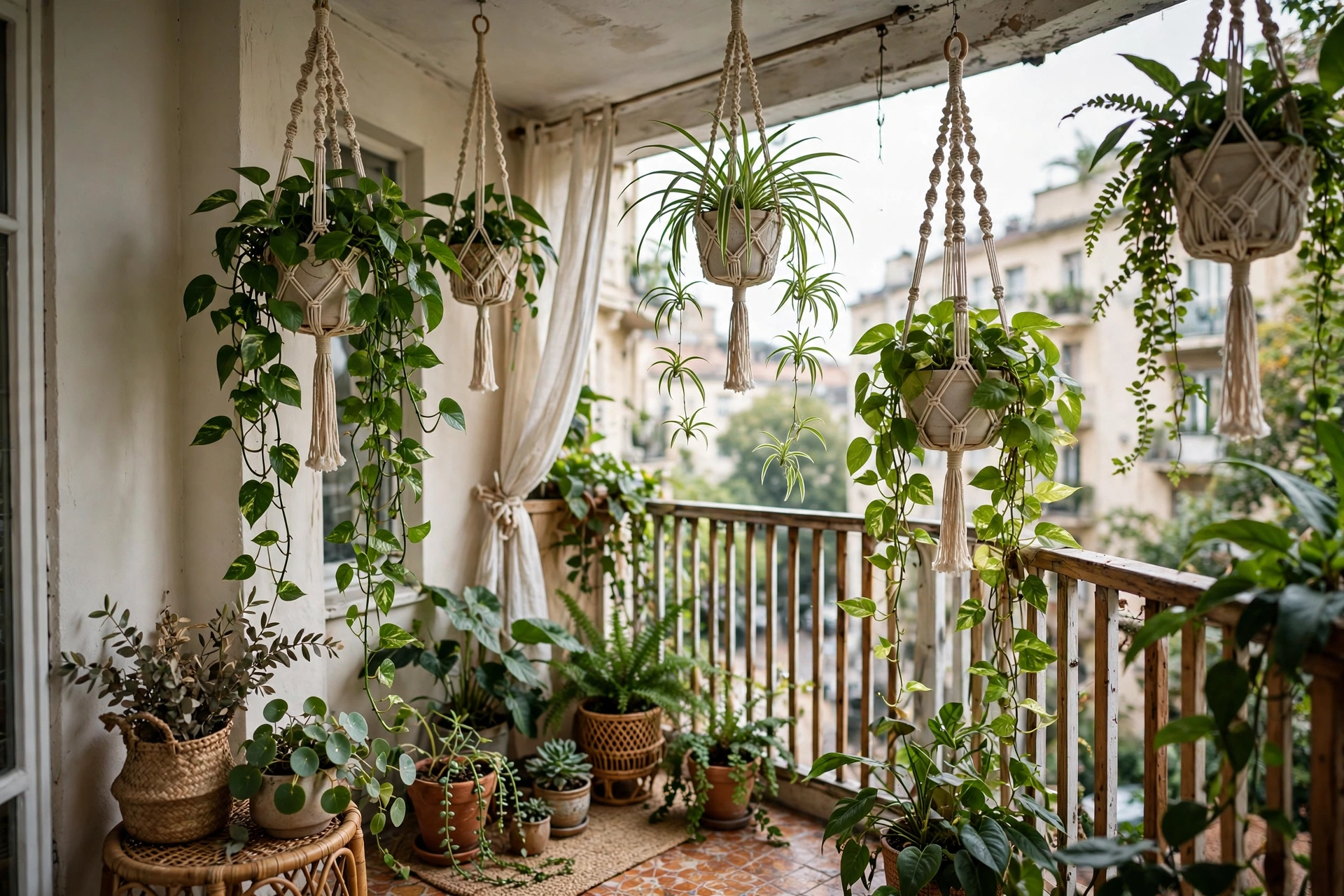 Macrame hanging planters with trailing pothos at different heights on a small apartment balcony