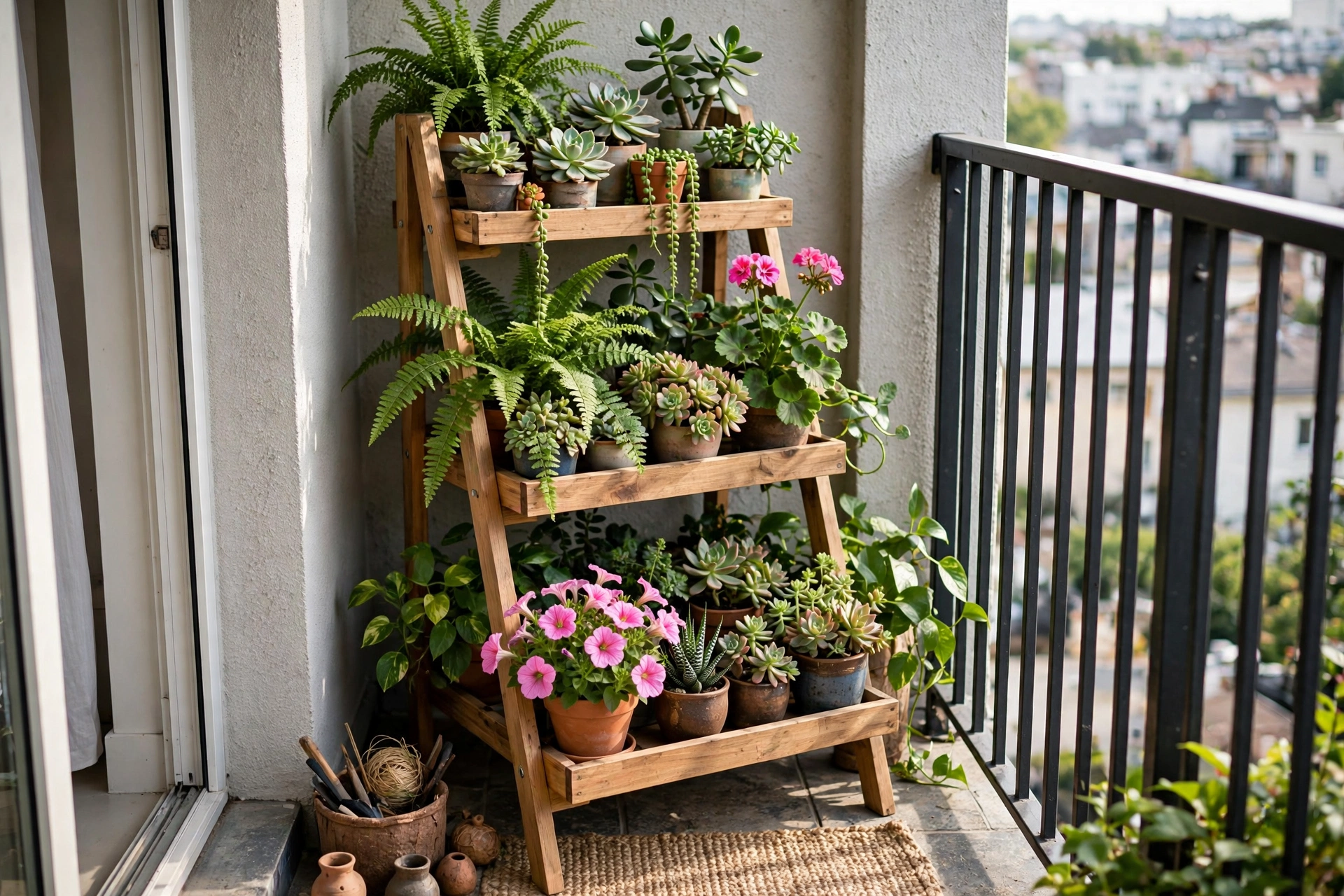 Three-tier wooden ladder plant stand crowded with potted plants in the corner of a small apartment balcony