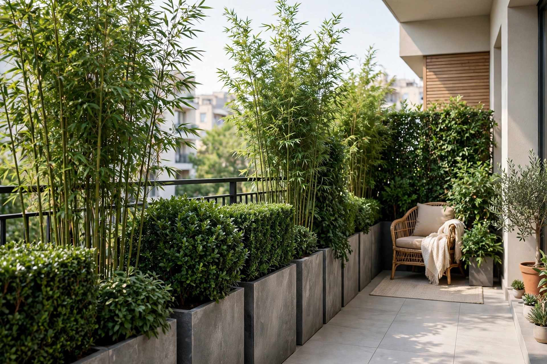 Tall rectangular planters with bamboo hedge forming a living privacy screen on an apartment balcony