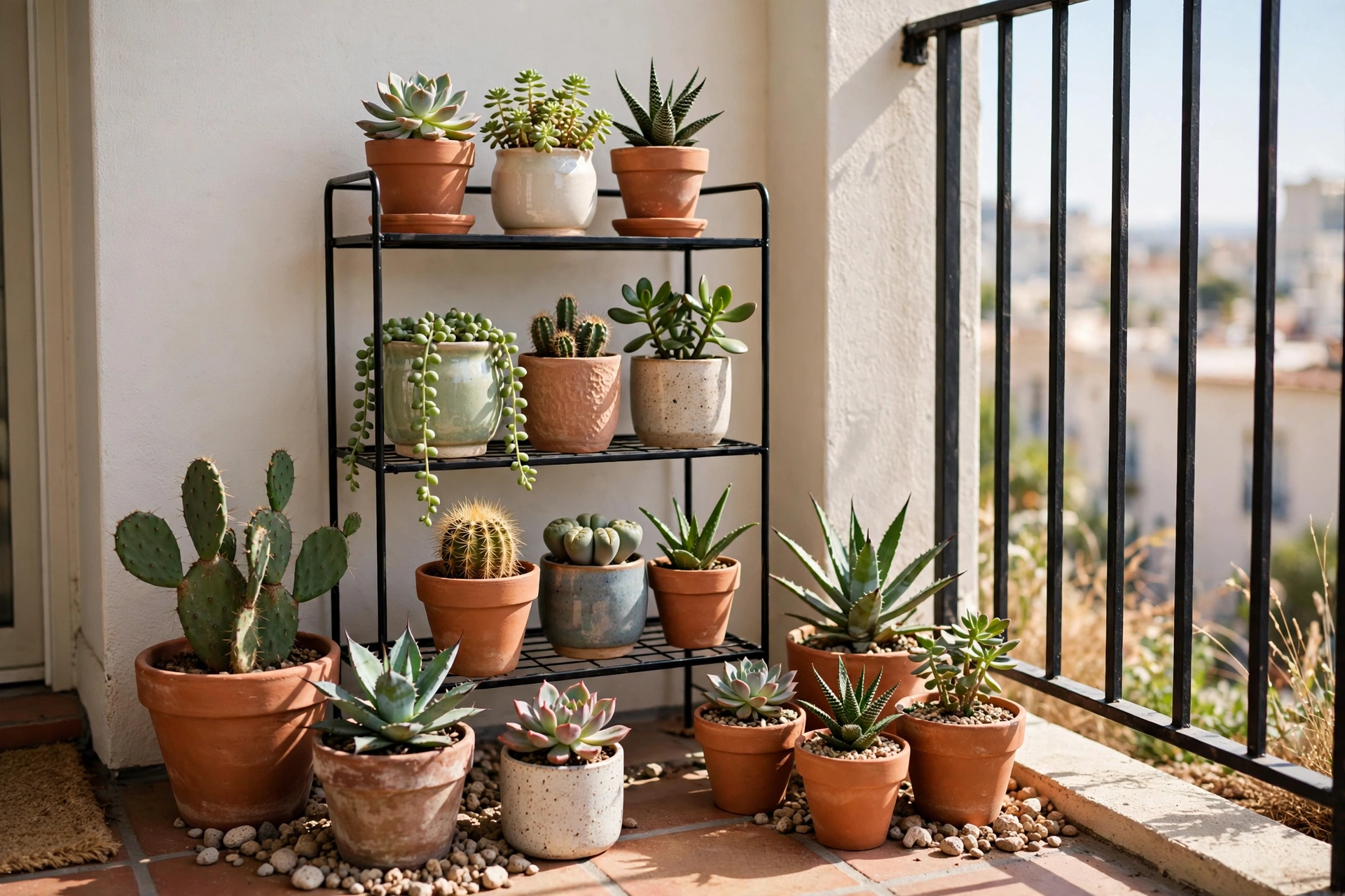 Collection of succulents and cacti in terracotta pots arranged on a small shelf on a sunny apartment balcony
