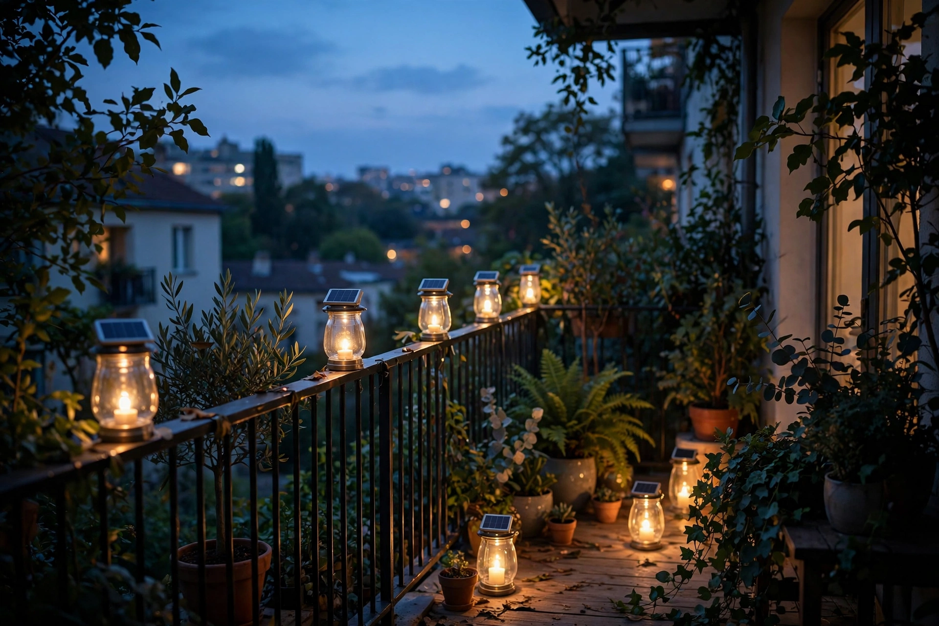 Solar-powered glass lanterns glowing softly on the floor and railing of a small apartment balcony at twilight