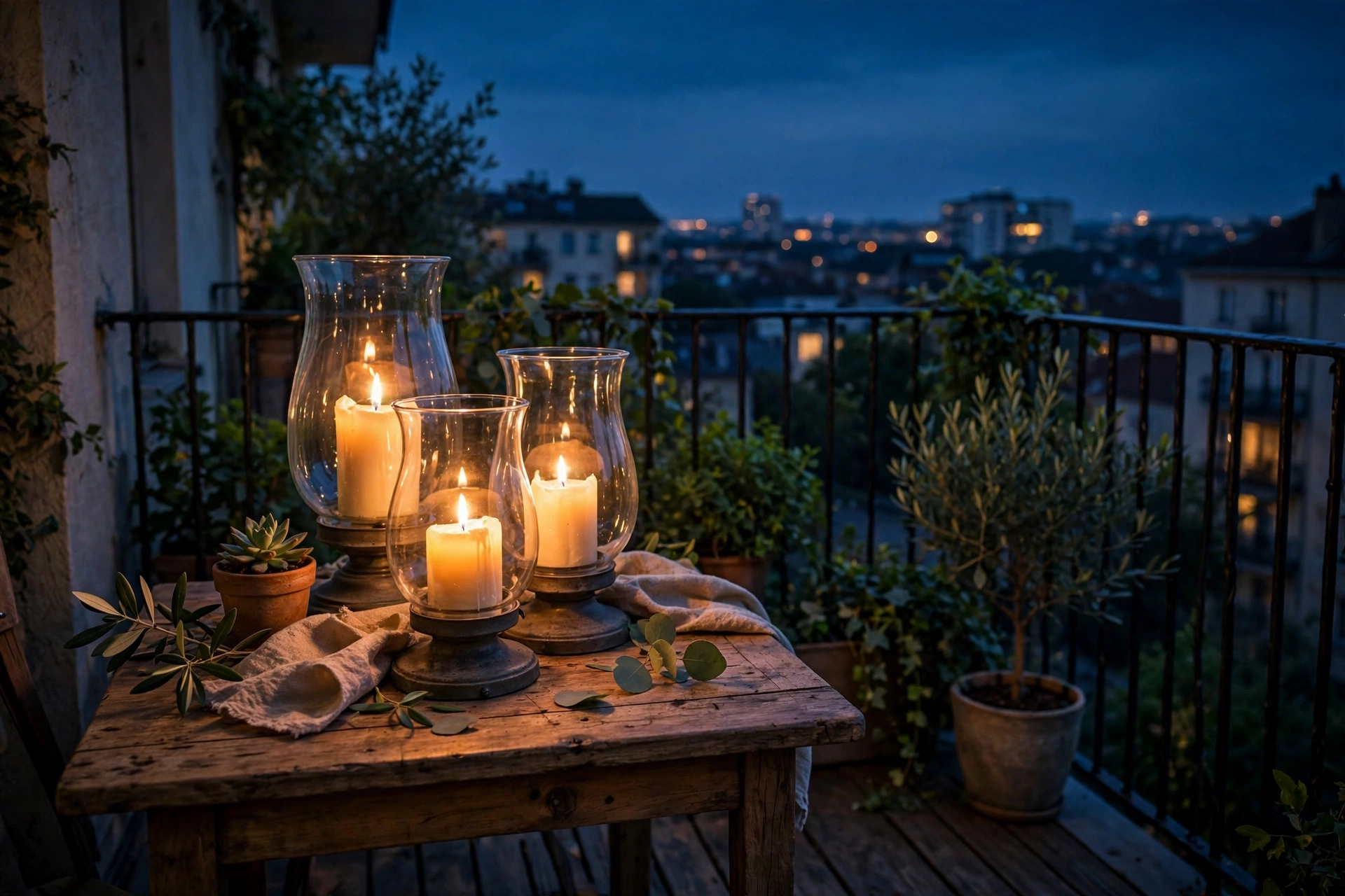 Glass hurricane lamps with flickering pillar candles on a small wooden table of an apartment balcony at night