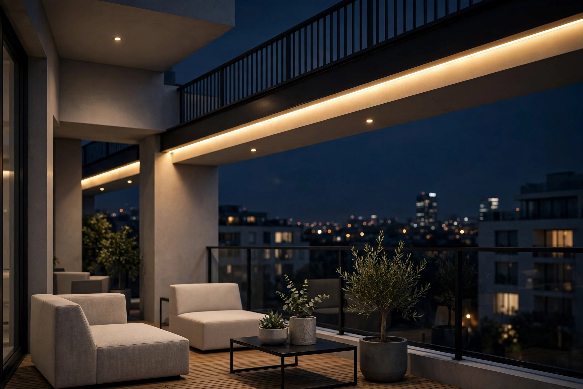 Modern apartment balcony at night with warm LED strip under the railing casting soft downward light