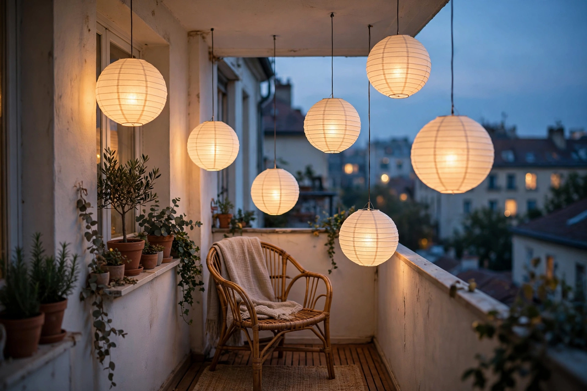 Round white paper lanterns hanging at different heights glowing softly on a small apartment balcony at dusk