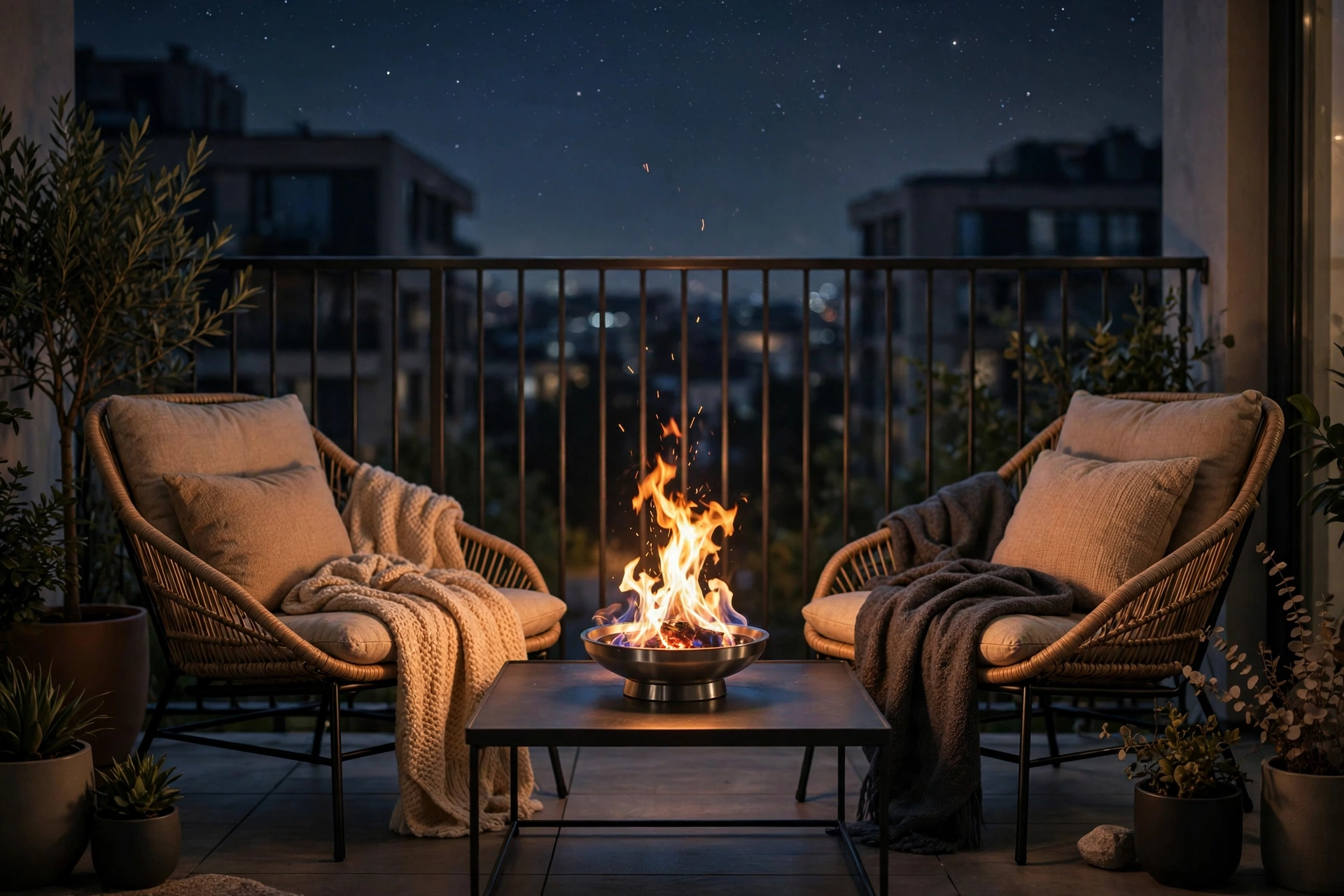 Small tabletop fire pit with dancing flames on a low table of an apartment balcony at night with lounge chairs