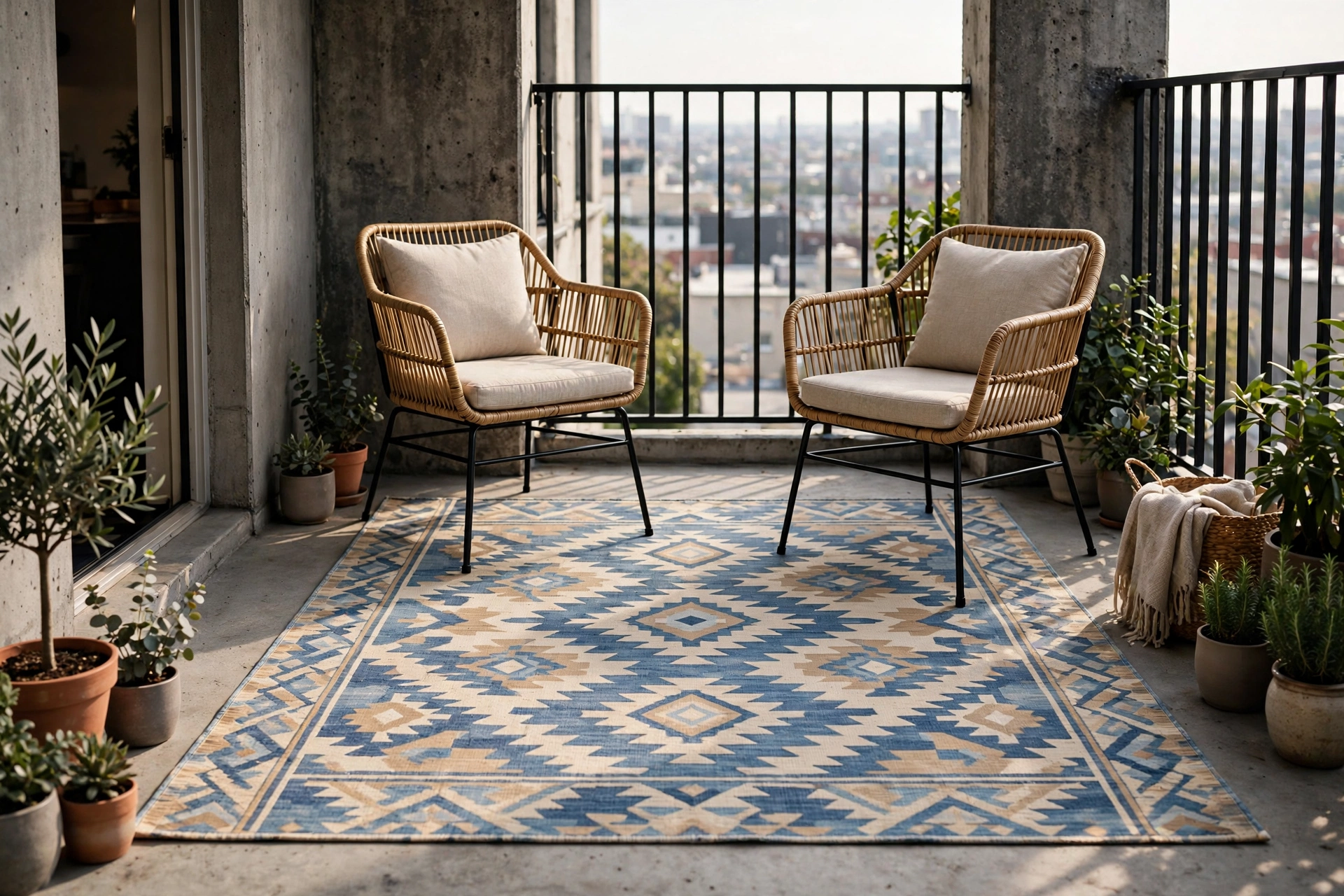 Colorful flatweave outdoor area rug in blue geometric pattern defining the seating zone on a small apartment balcony