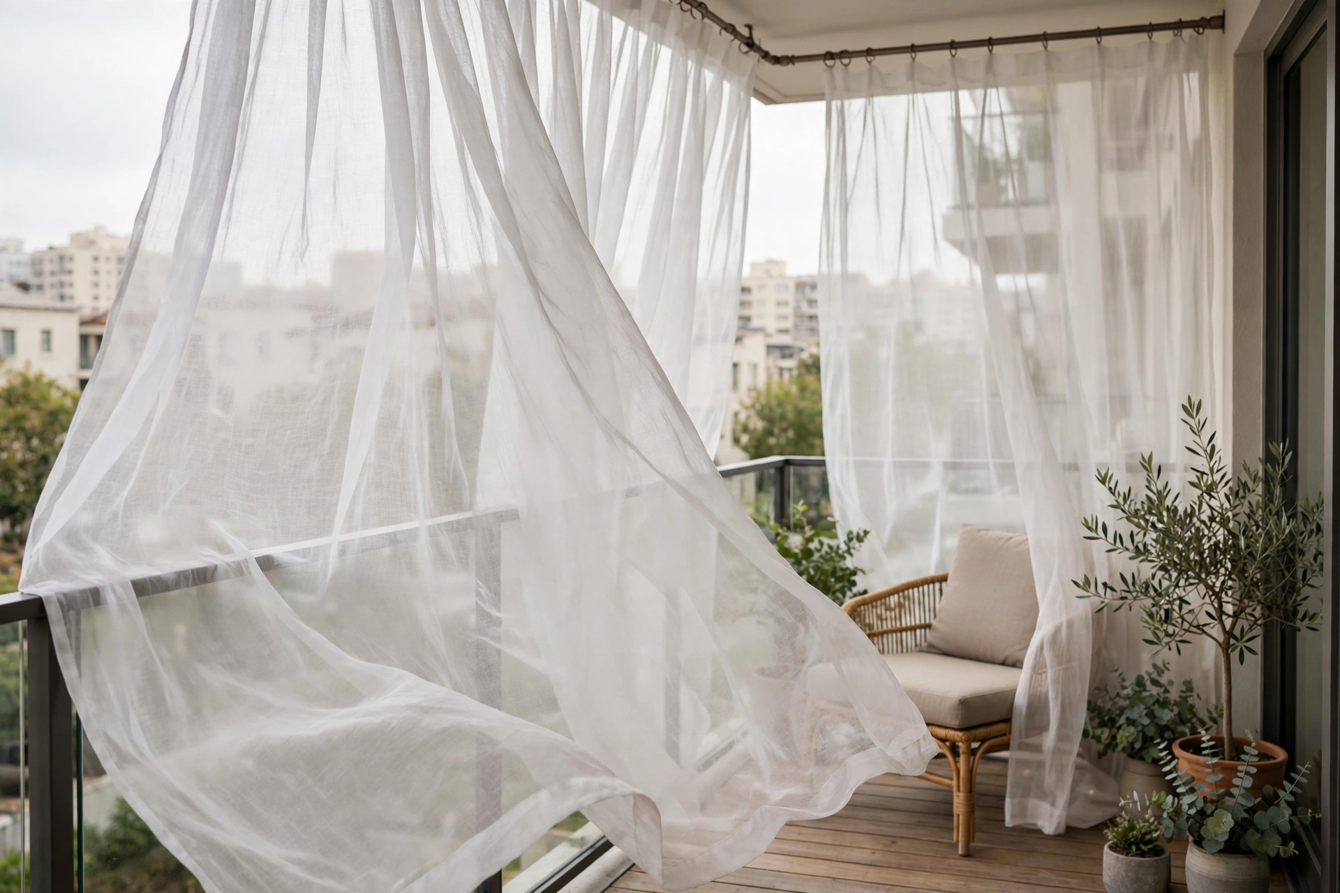 Sheer white weatherproof outdoor curtains billowing on a rod across a small apartment balcony with a lounge chair