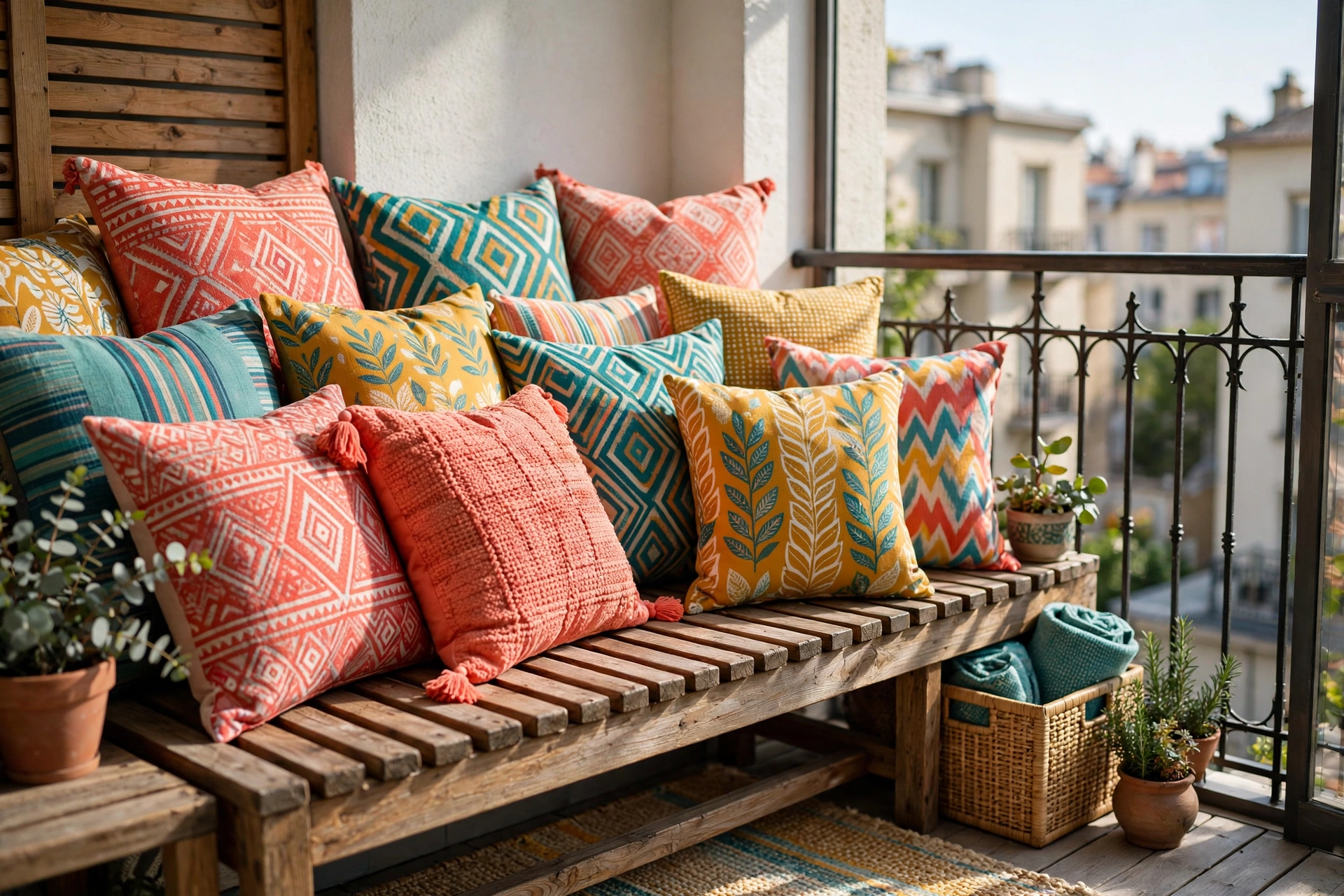 Wooden balcony bench piled with colorful weather-resistant outdoor throw pillows in coral teal and mustard
