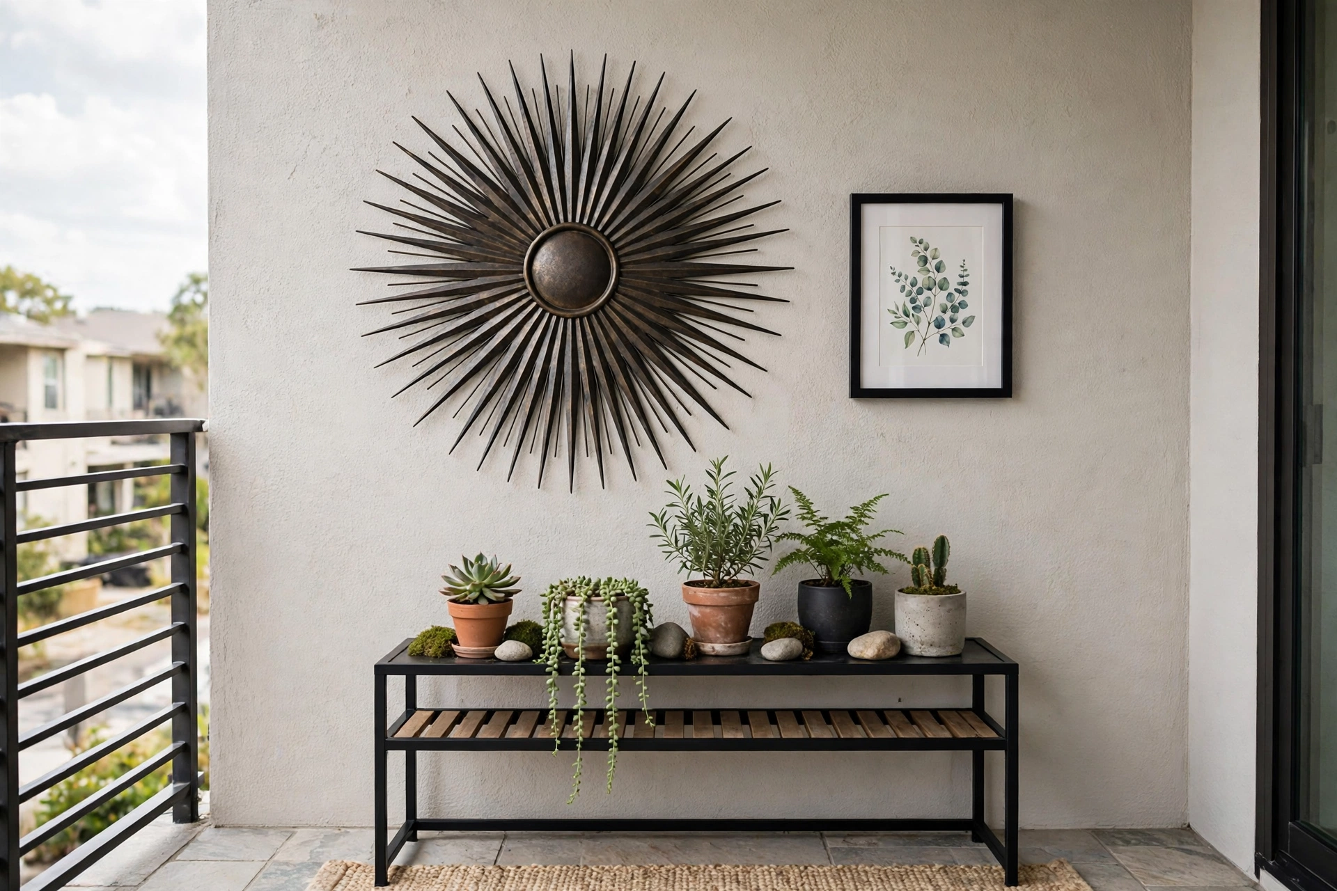 Weatherproof metal sunburst wall sculpture and framed outdoor art on the exterior wall of an apartment balcony