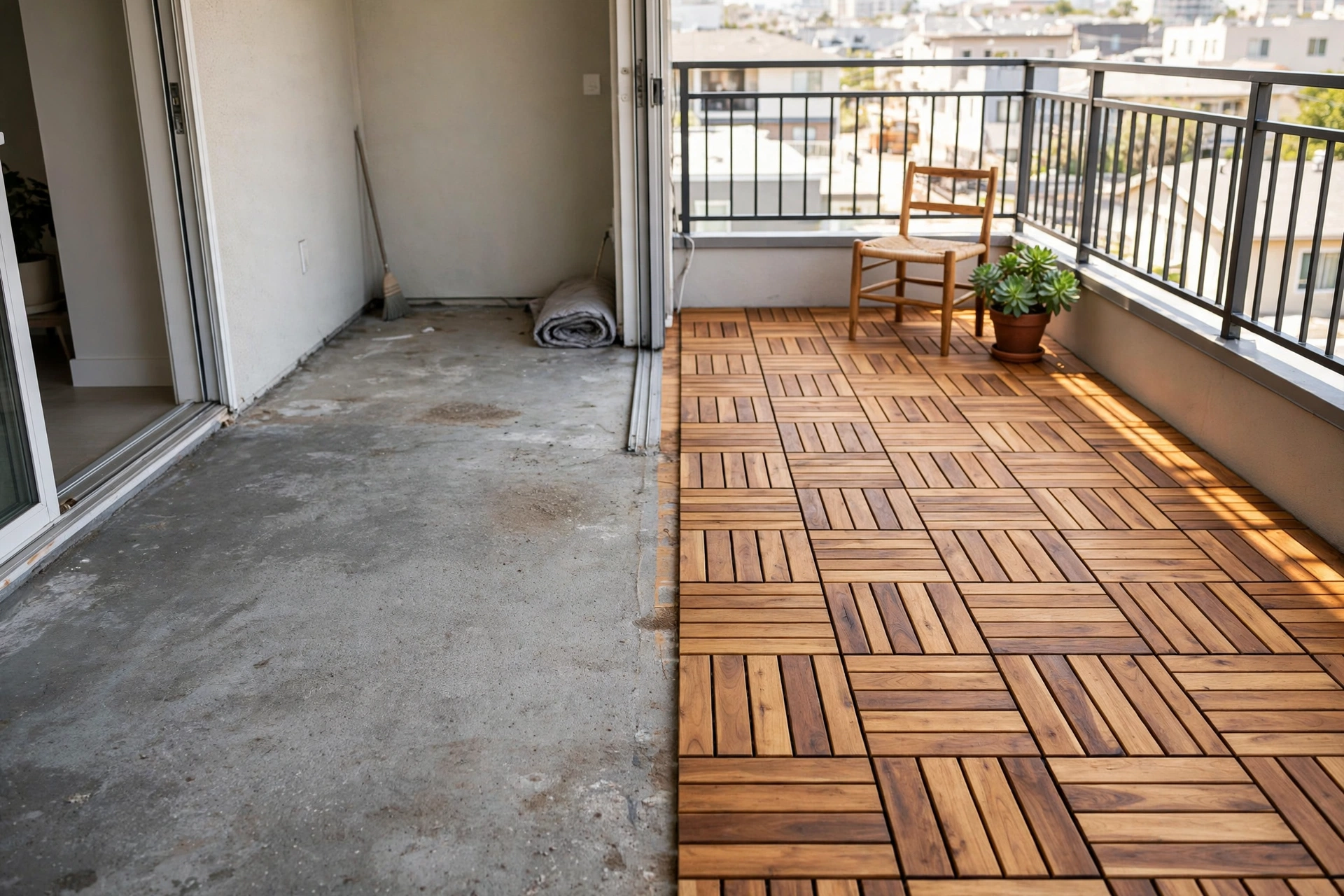 Apartment balcony floor covered with interlocking acacia wood deck tiles transforming gray concrete into warm wood