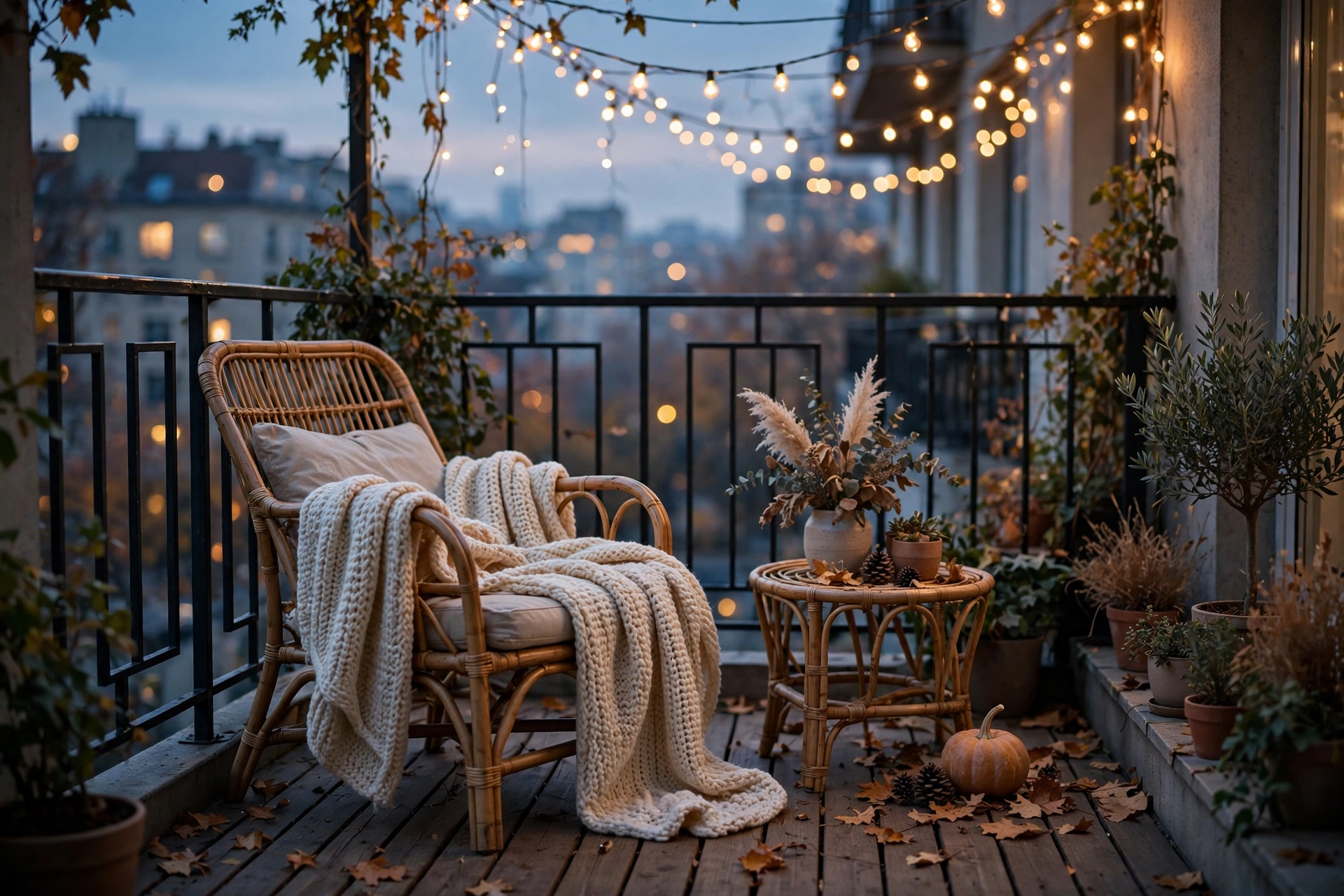 Chunky knit cream outdoor throw blanket draped over a rattan lounge chair on a small apartment balcony with string lights