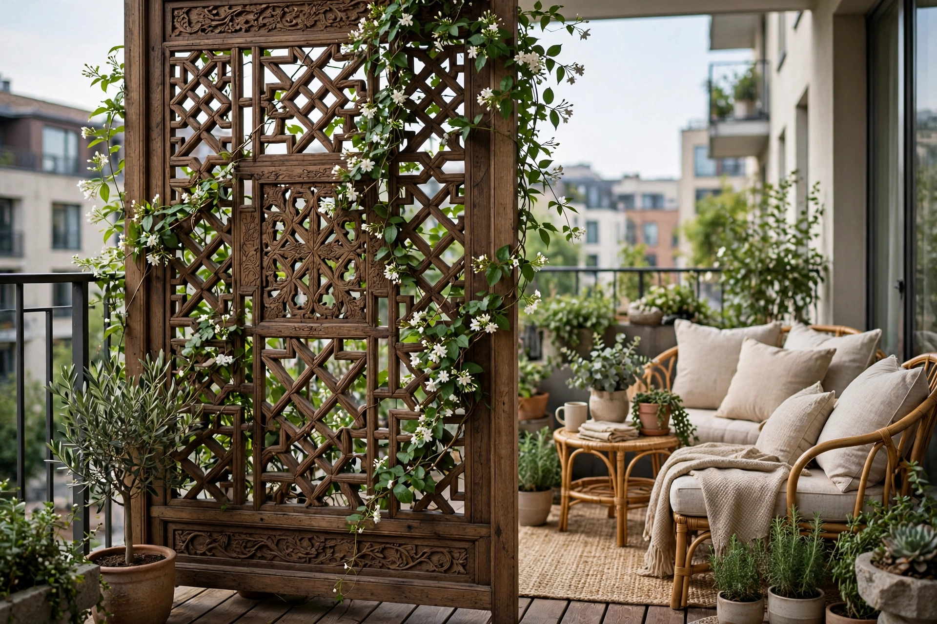 Carved wooden lattice privacy screen with climbing jasmine on an apartment balcony shielding the seating area
