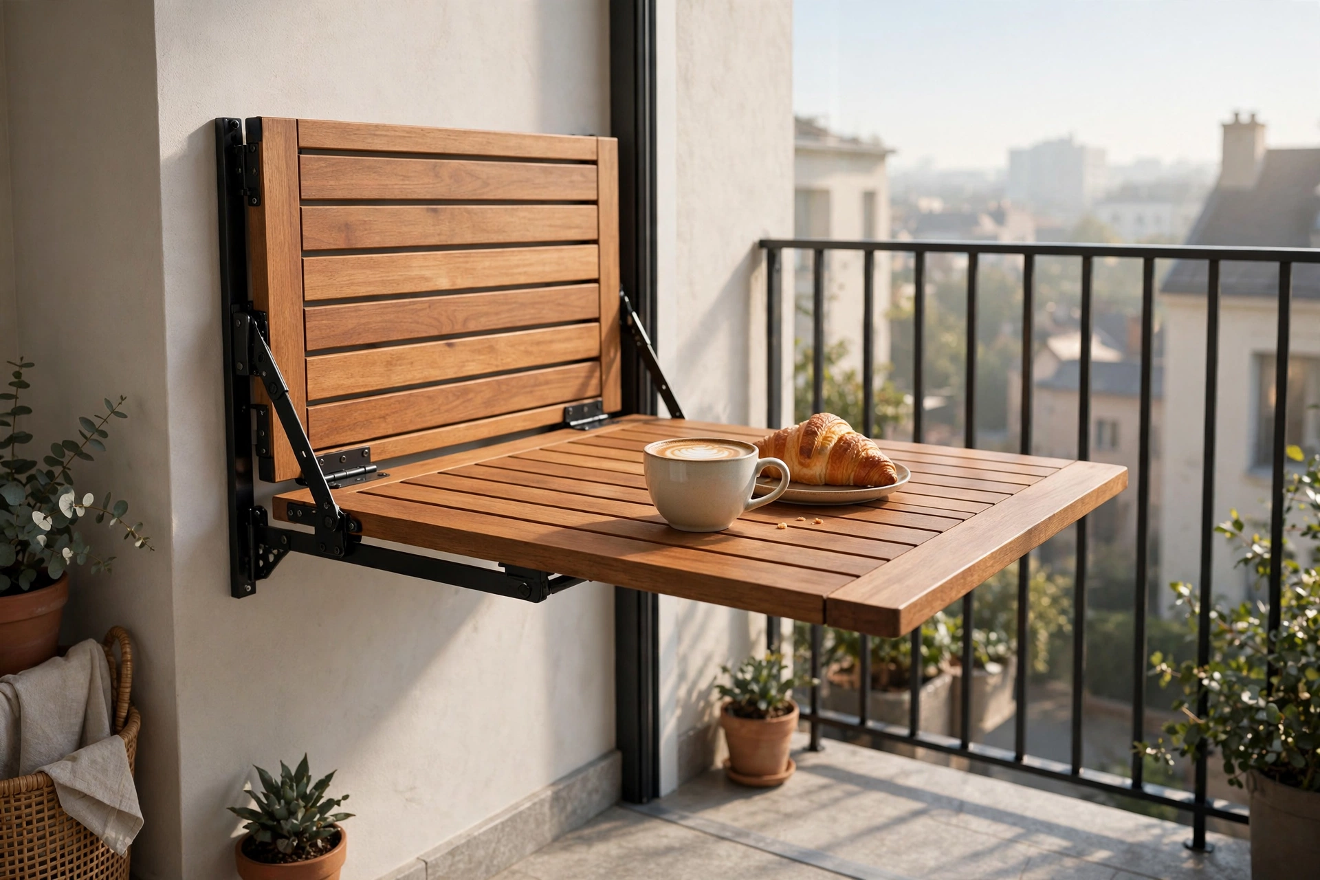 Wooden fold-down wall-mounted table half-open with coffee and croissant on a small apartment balcony