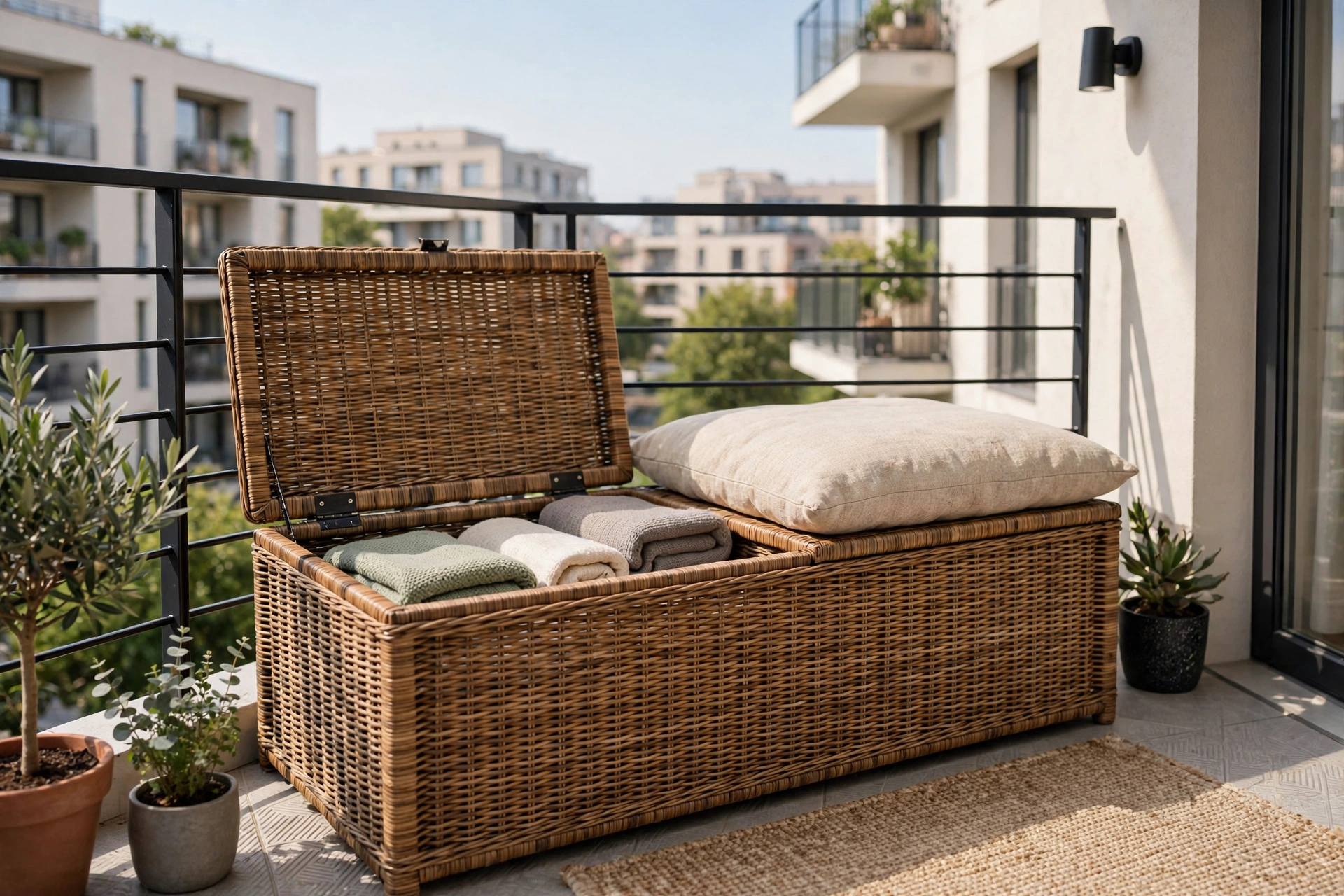 Weatherproof wicker deck storage box with cushion doubling as a bench on a small apartment balcony