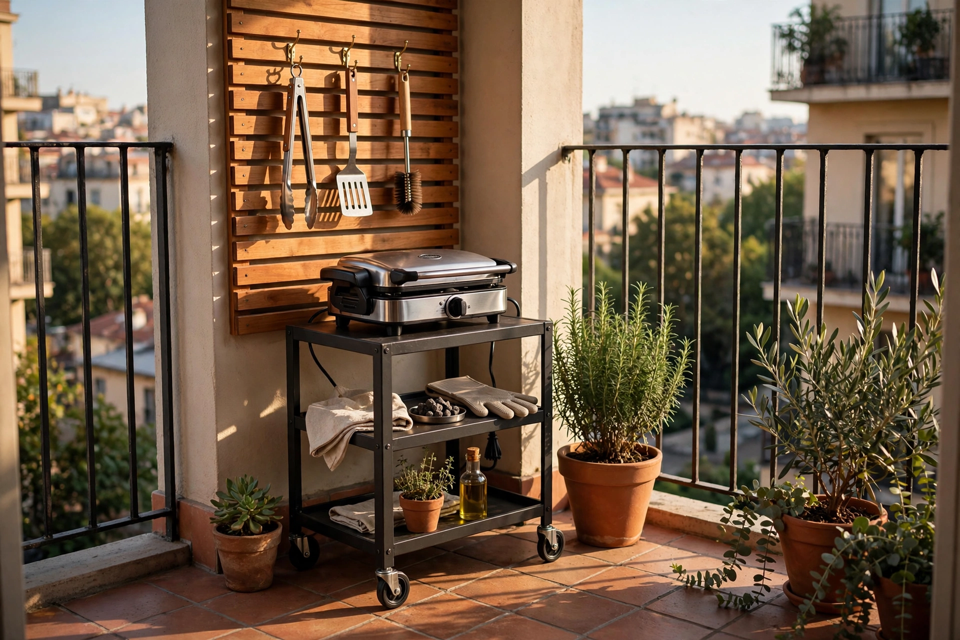 Compact electric grill on a small rolling cart in the corner of an apartment balcony with grilling tools and a plant