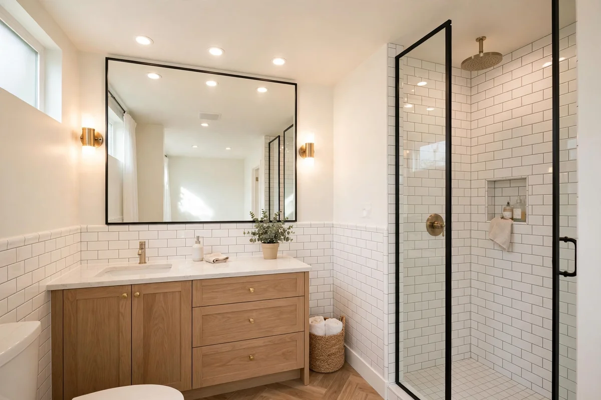 Small bathroom painted bright warm white with layered lighting feeling spacious