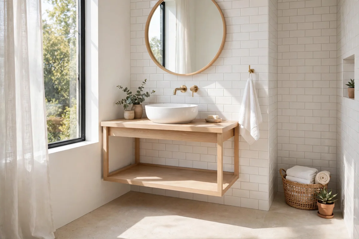 Small modern bathroom with wall-mounted floating vanity in light wood