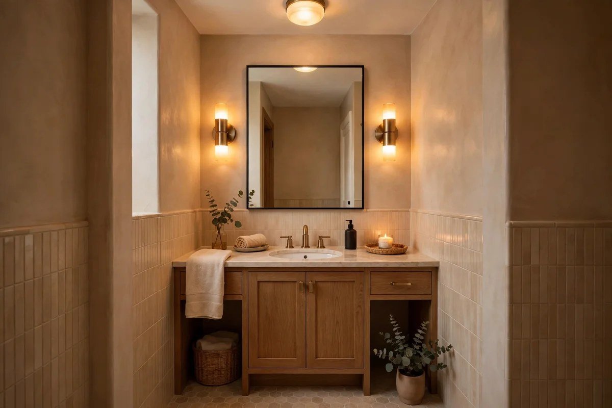 Small bathroom with layered warm lighting from wall sconces and ceiling light