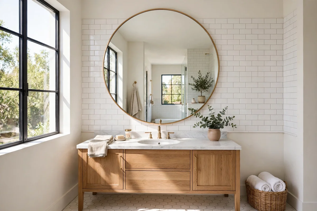 Small bathroom with oversized round brass mirror doubling the sense of space