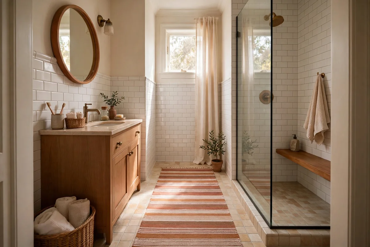 Small bathroom with warm washable runner rug elongating the floor