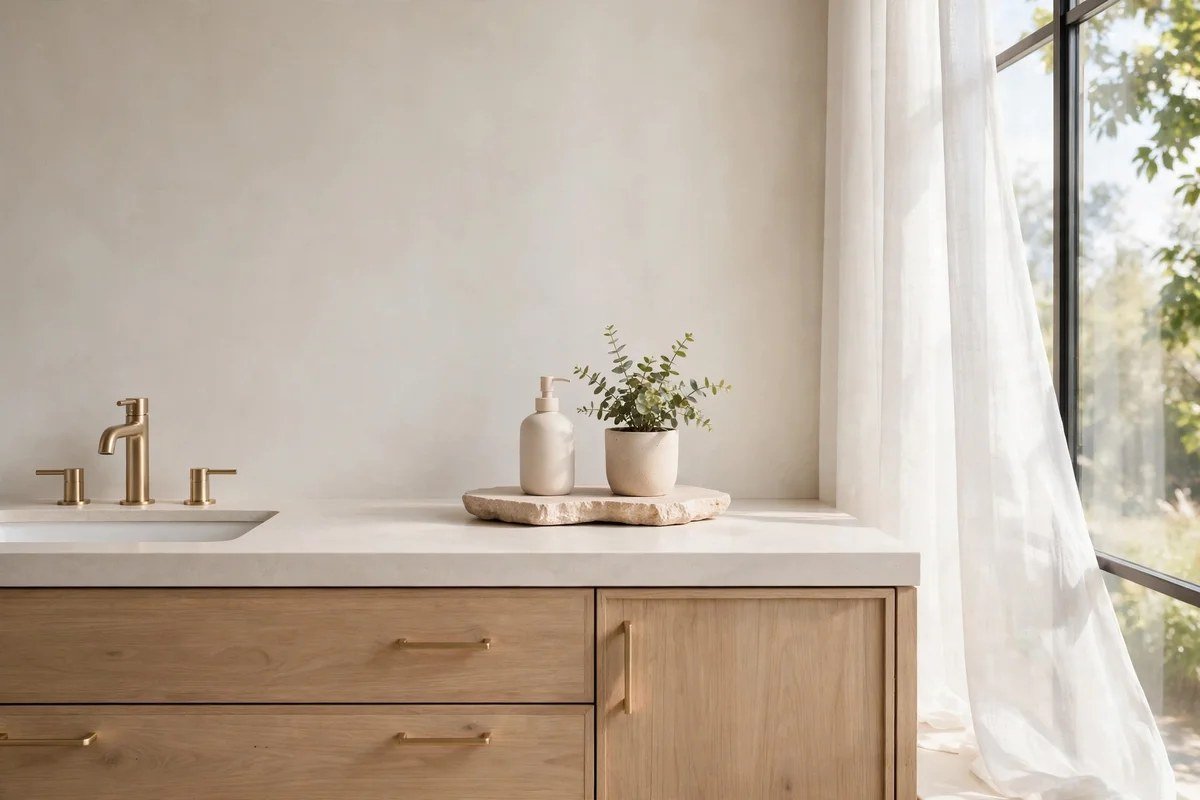 Bathroom counter organized with single tray and minimal items looking calm