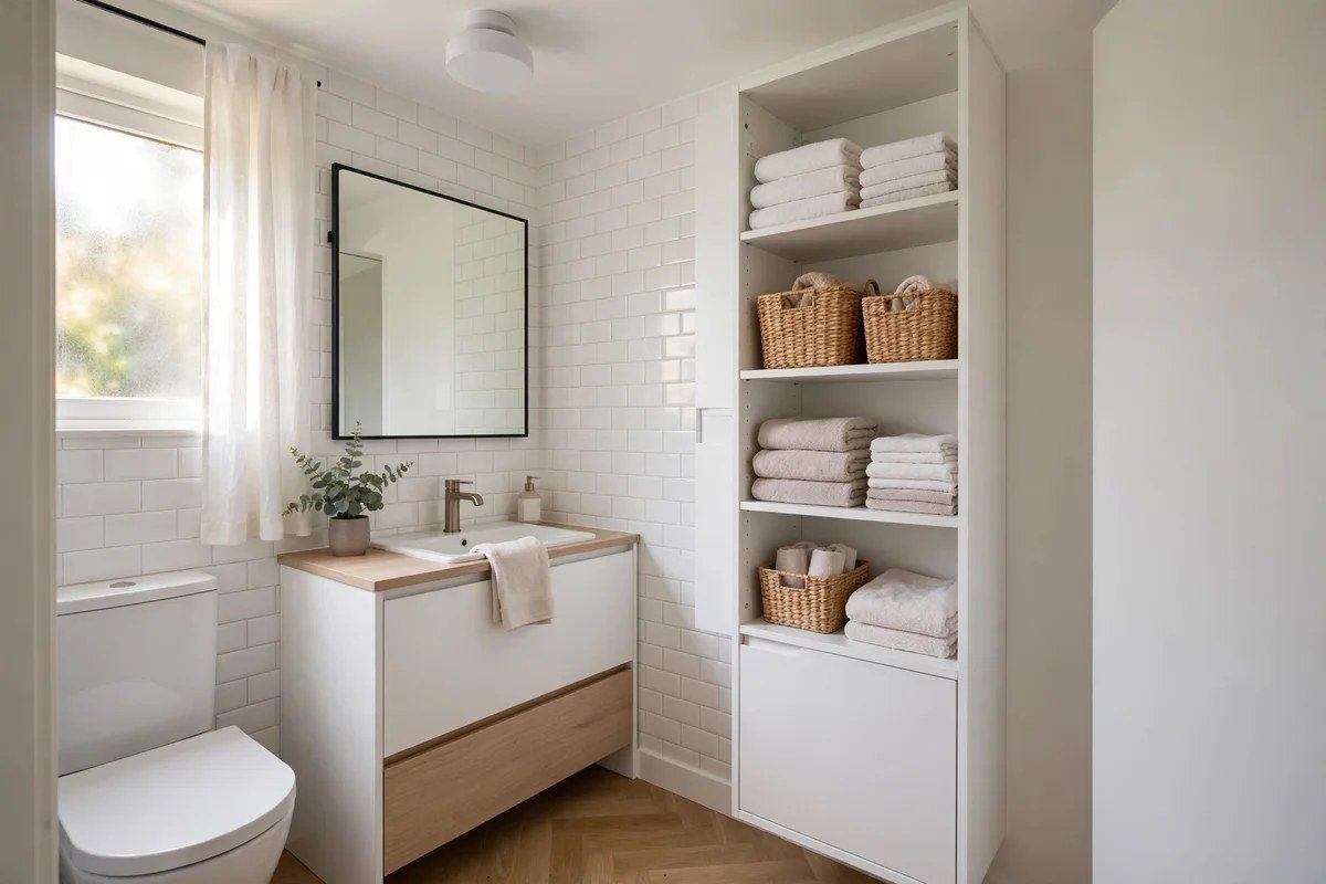 Small bathroom with tall vertical storage tower using wall space