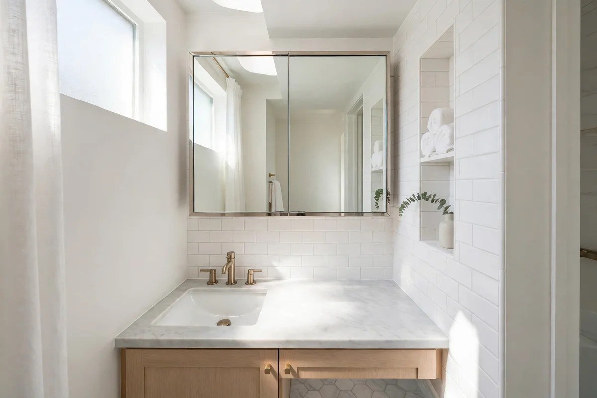 Bathroom with mirrored medicine cabinet hiding toiletries keeping surfaces clear