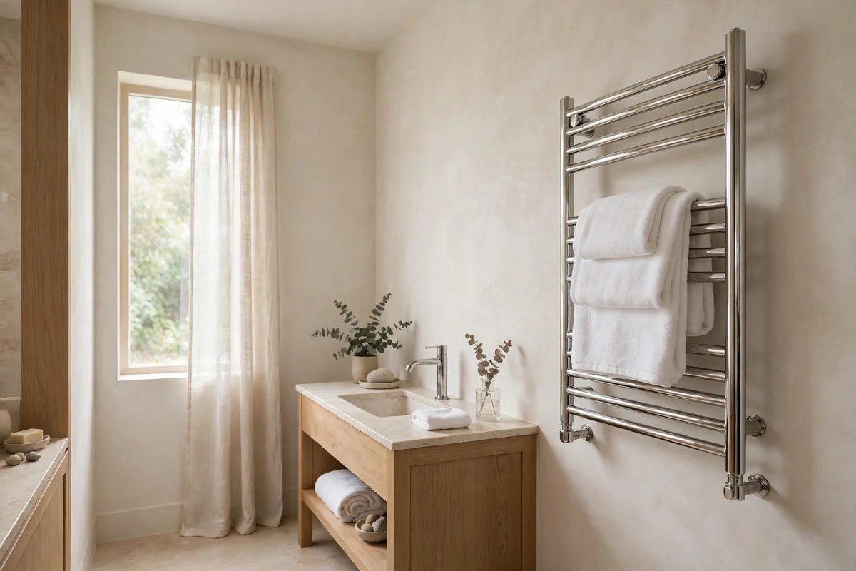 Small bathroom with heated towel rail holding towels neatly