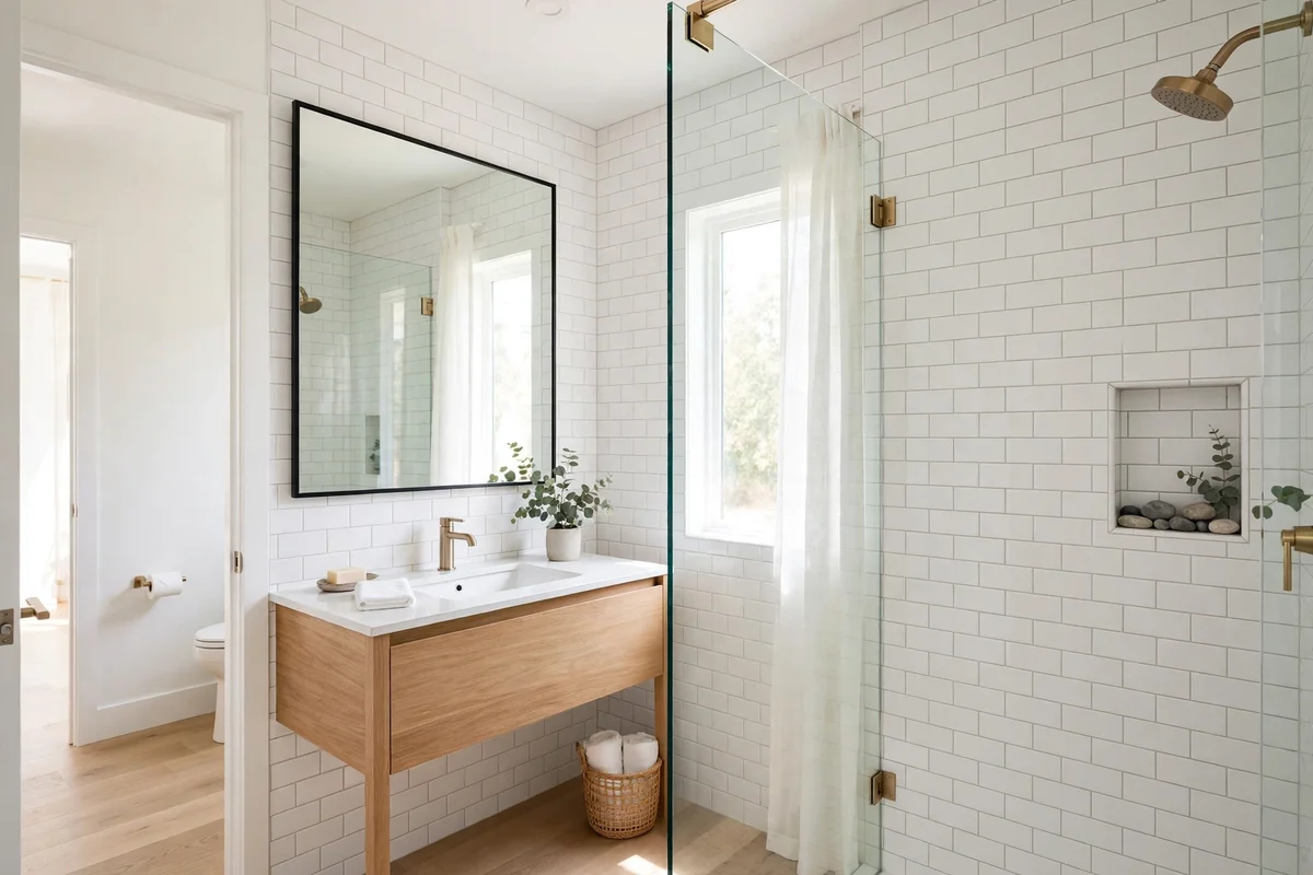 Small bathroom with frameless glass shower panel keeping sightlines open