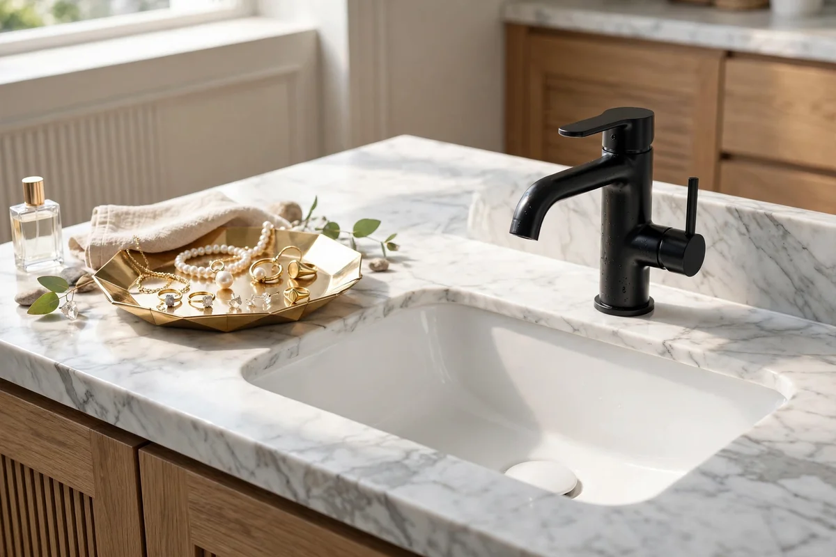 Bathroom vanity with modern matte black faucet as focal point