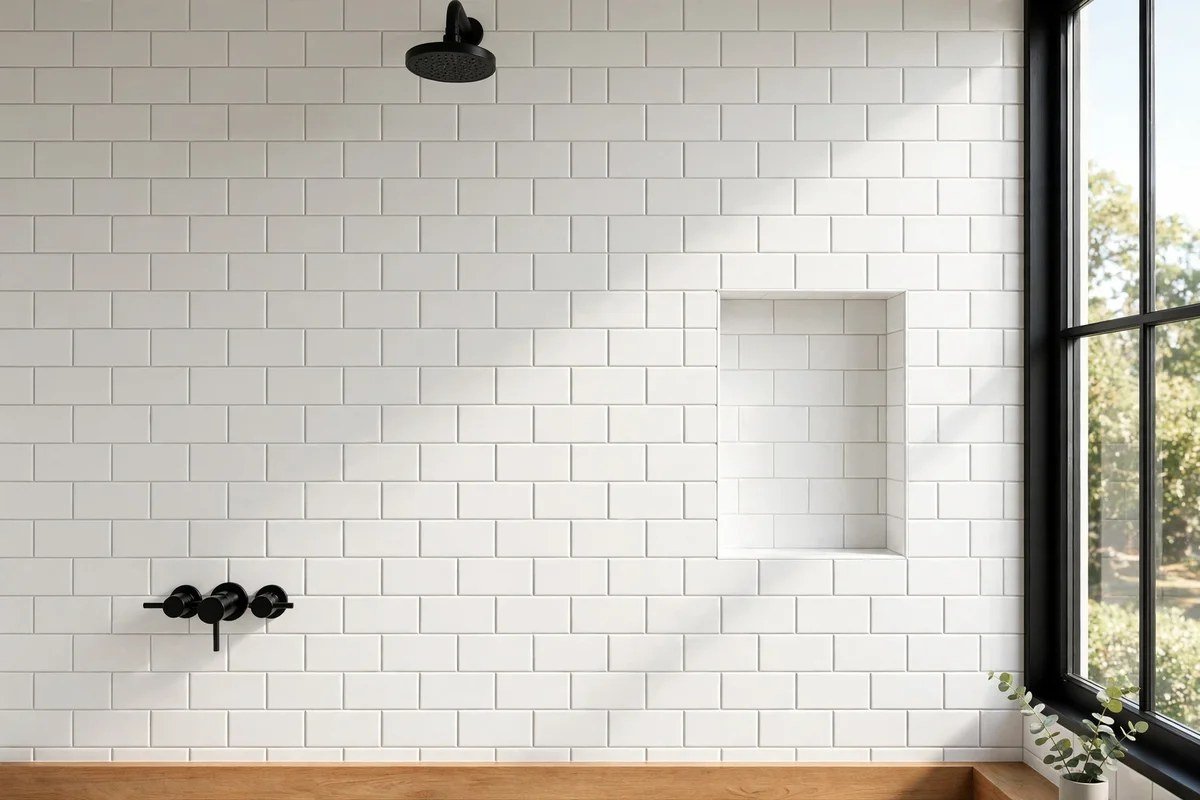 Bathroom with clean white subway tile and fresh bright grout lines