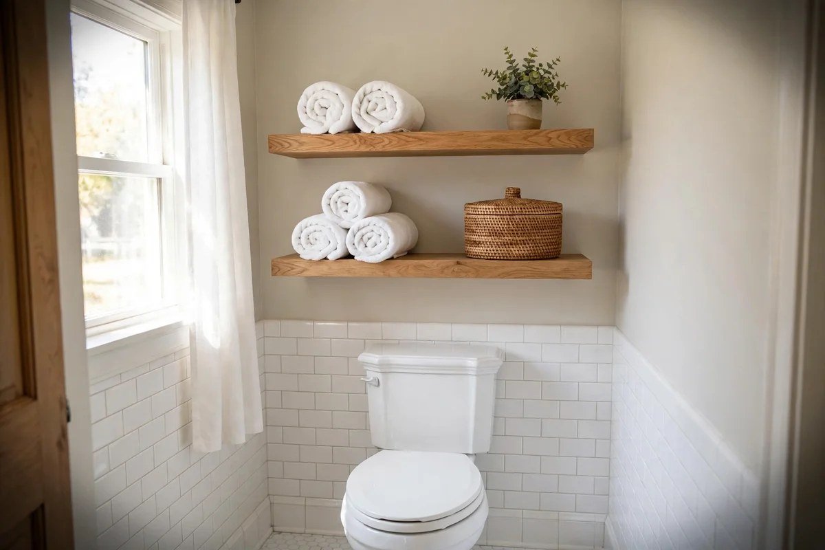 Bathroom with styled floating shelves above toilet holding towels and plant