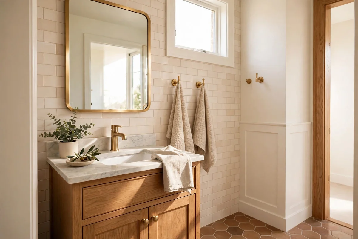 Bathroom with cohesive brushed brass hardware on faucet mirror and hooks