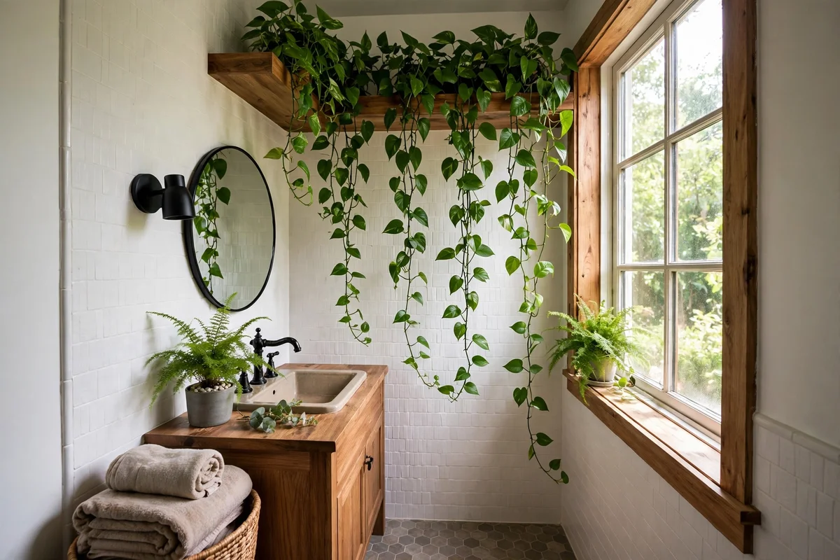 Small bathroom with trailing pothos plant softening tile edges spa feel