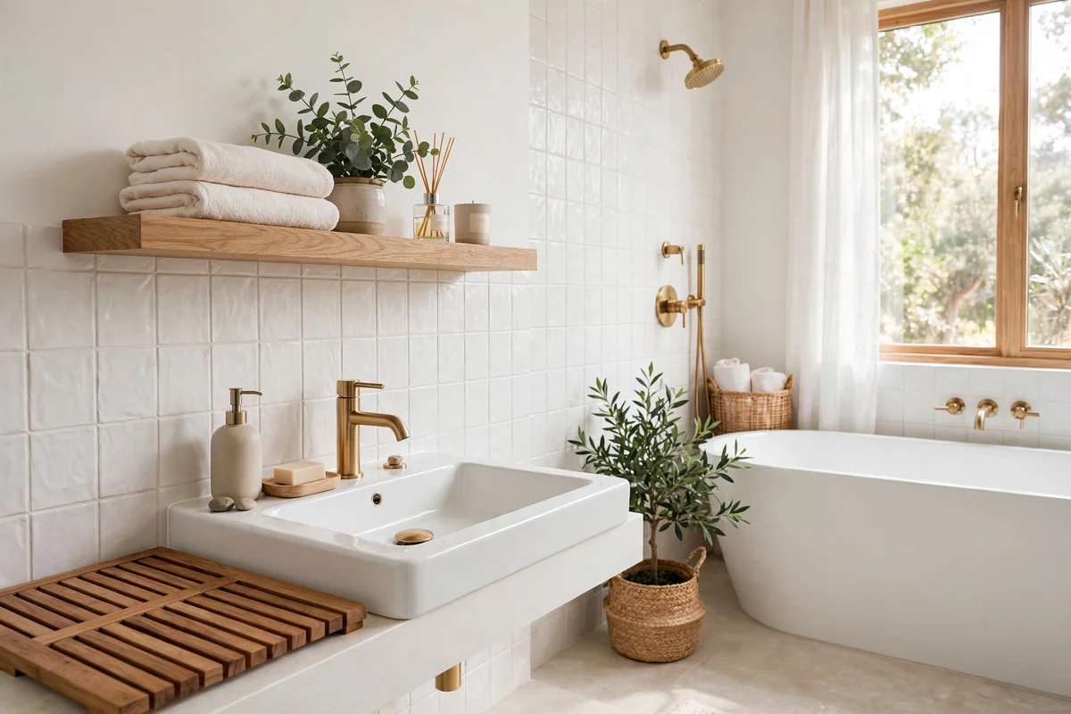 White bathroom warmed with teak bath mat and oak shelf accents