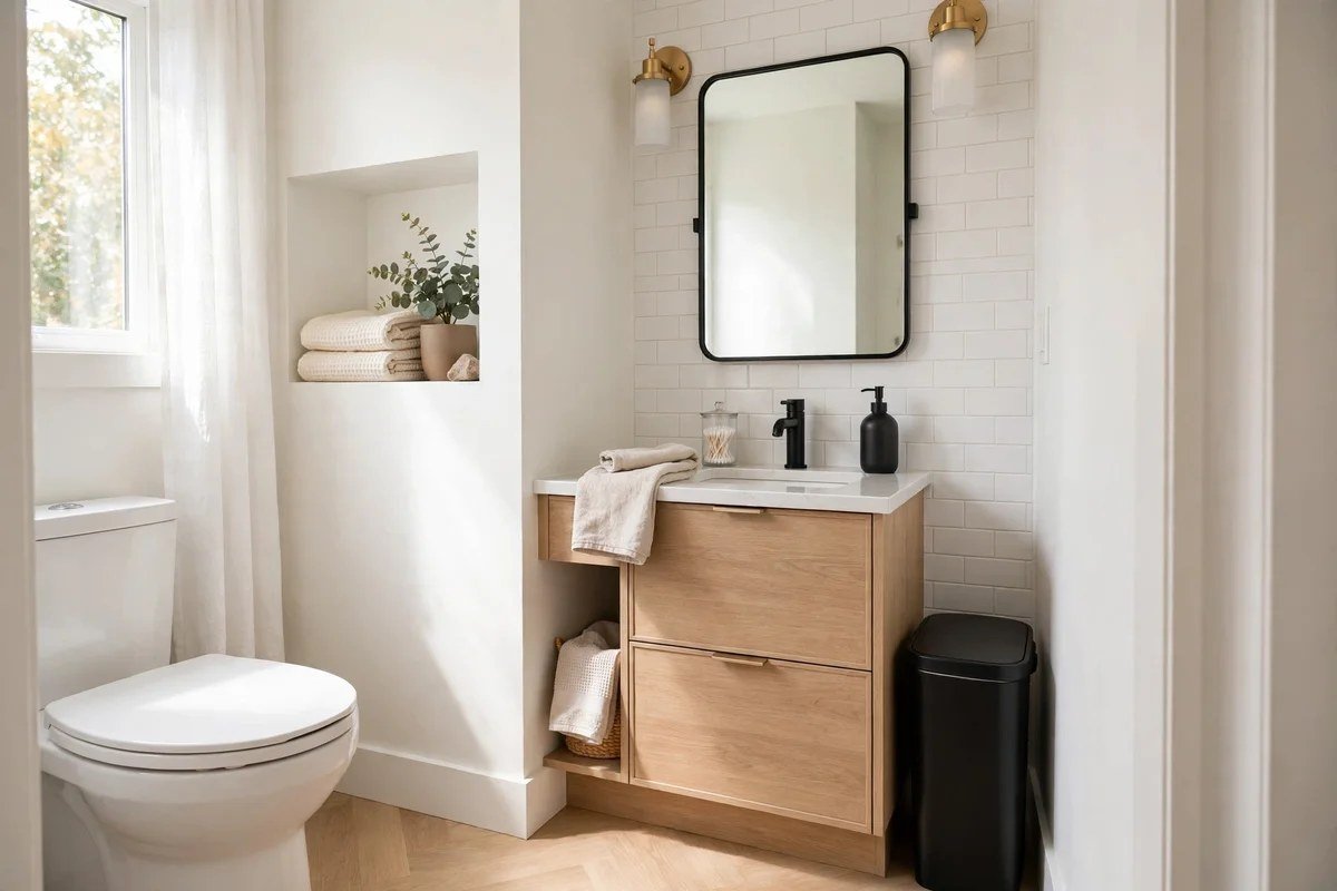 Slim lidded matte black trash bin tucked beside bathroom vanity