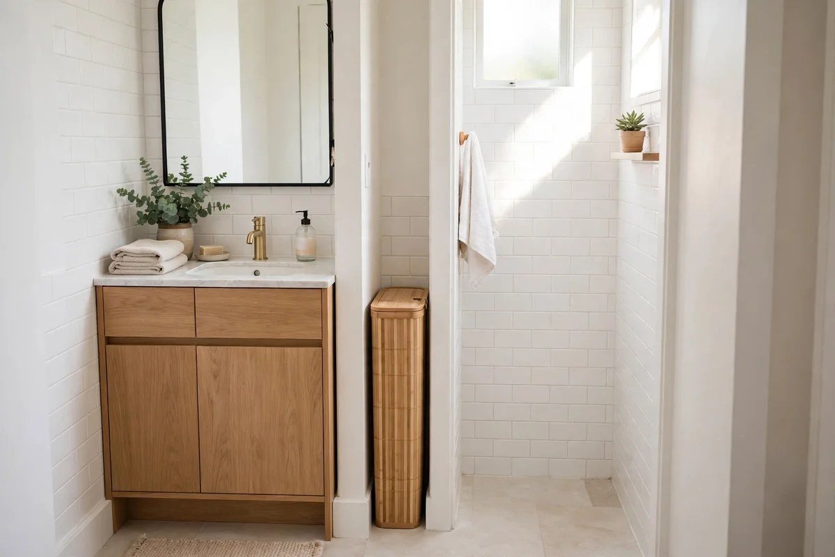 Slim lidded bamboo laundry hamper tucked beside bathroom vanity